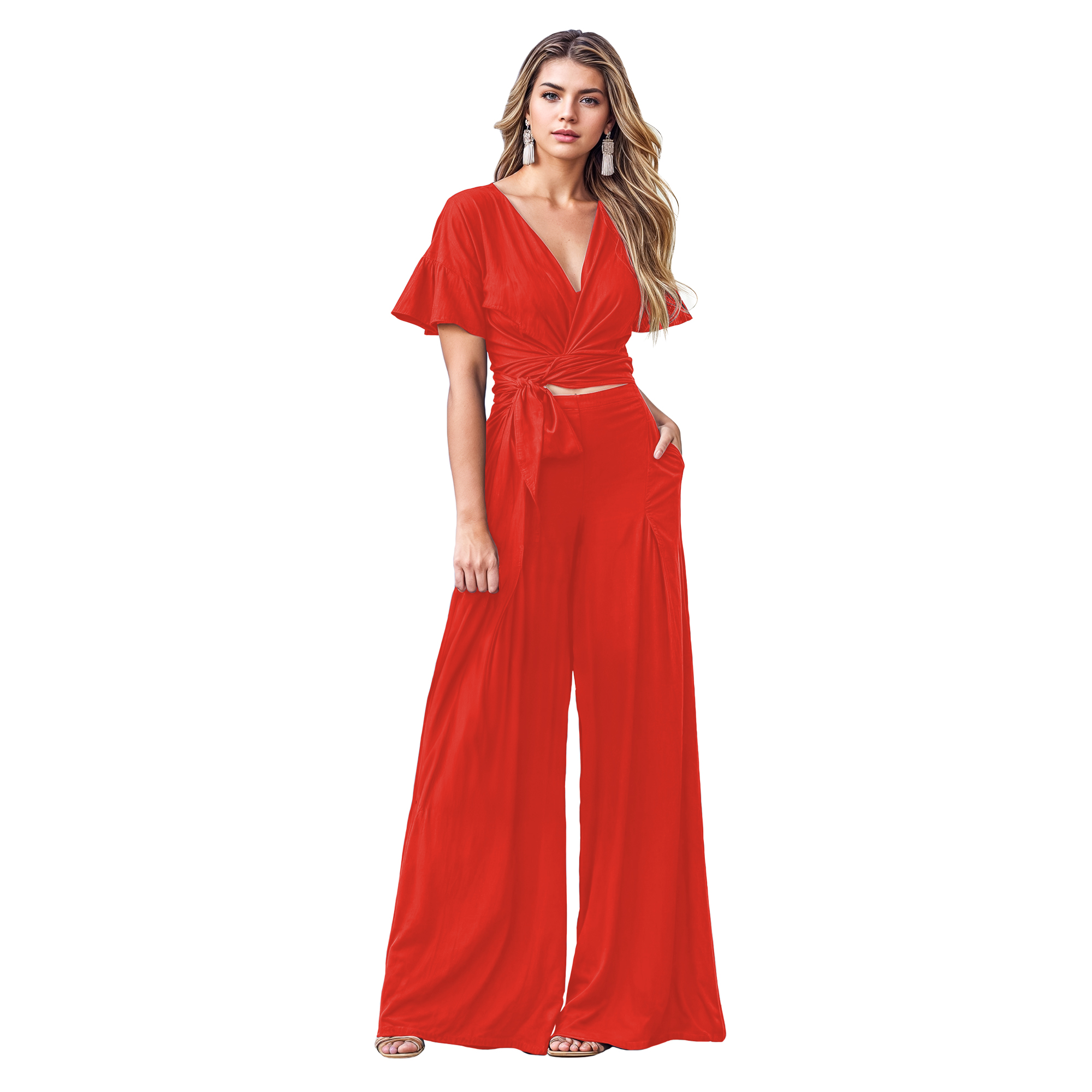 Conjunto de moda elegante de dia dama mujer xally 2436 pantalón ancho tiro alto bolsas blusa escote moño manga mariposa.