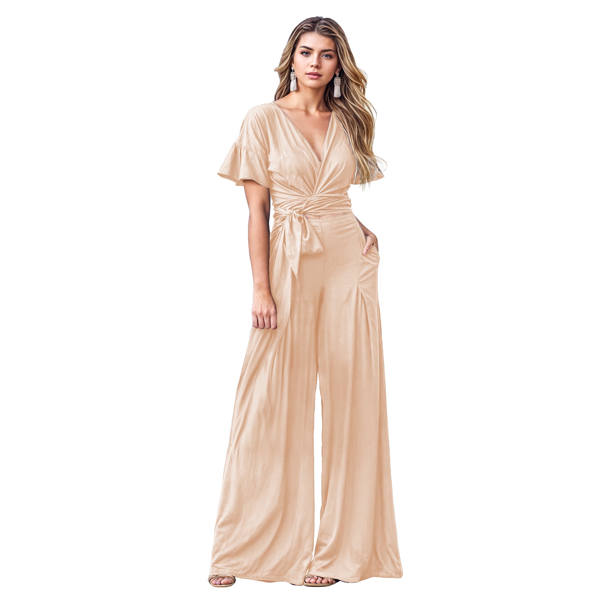 Conjunto de moda elegante de dia dama mujer xally 2436 pantalón ancho tiro alto bolsas blusa escote moño manga mariposa.