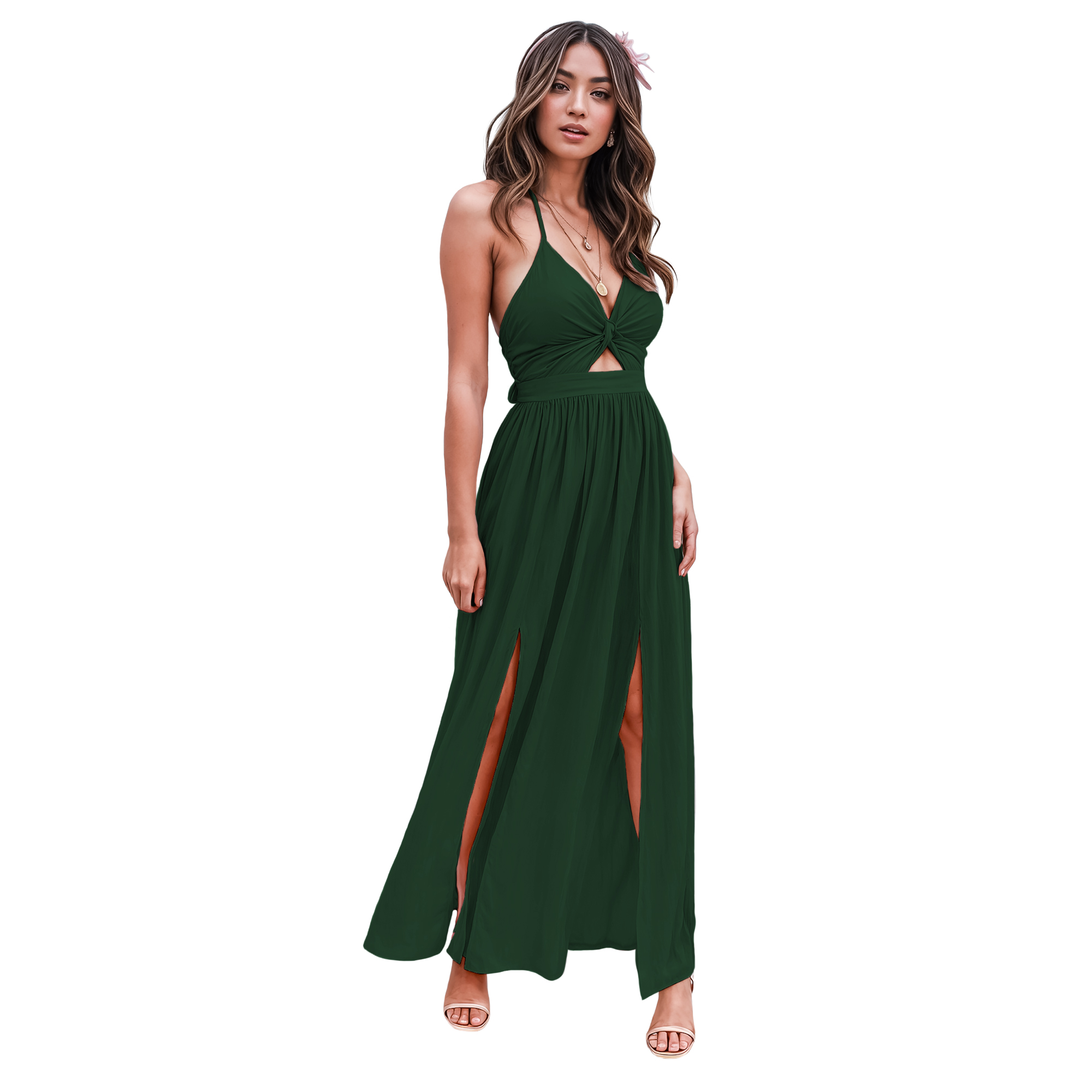 Maxi vestido slip casual elegante fresco ligero largo playa dama mujer Xally 10D tirante frente moño falda corta de fondo aberturas