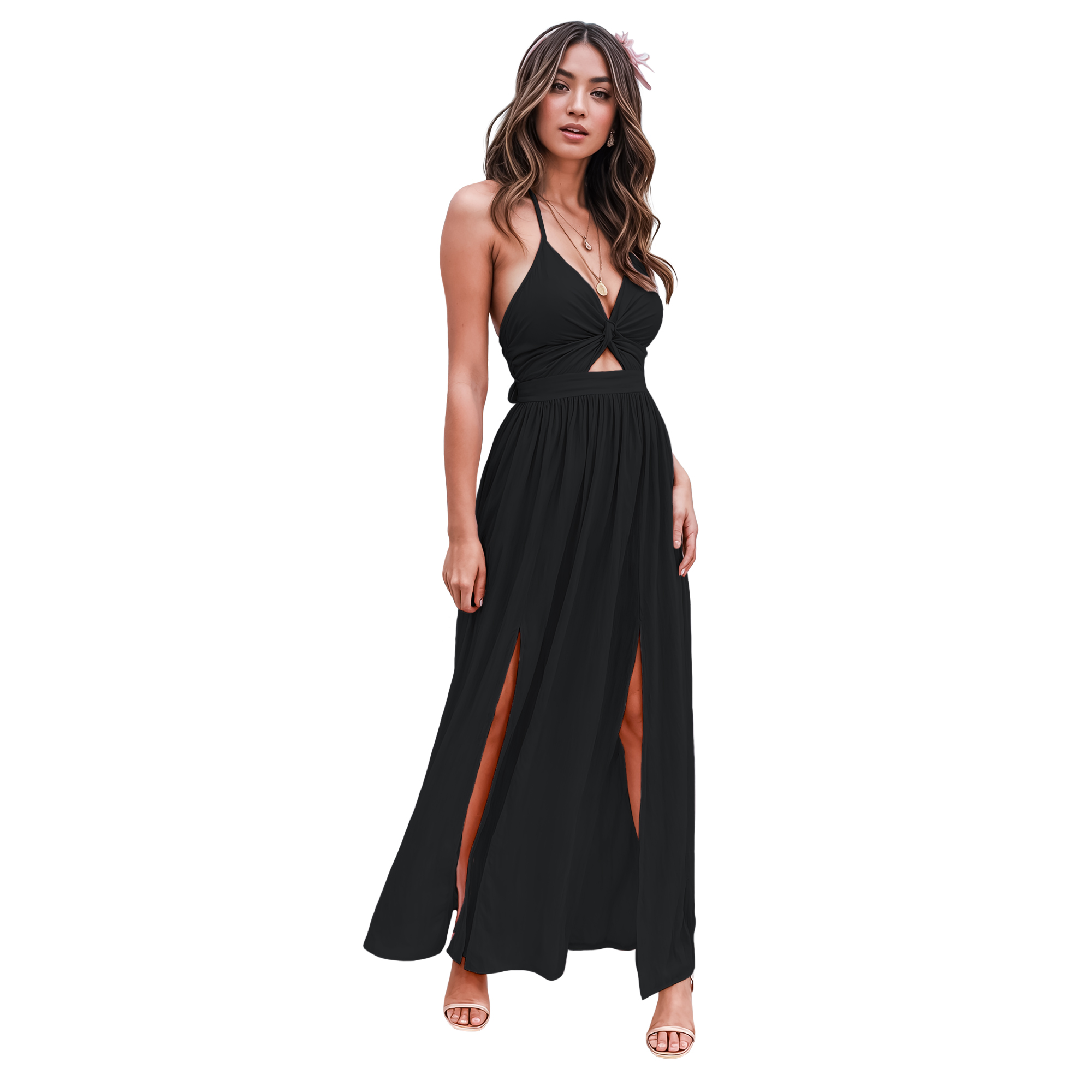 Maxi vestido slip casual elegante fresco ligero largo playa dama mujer Xally 10D tirante frente mono