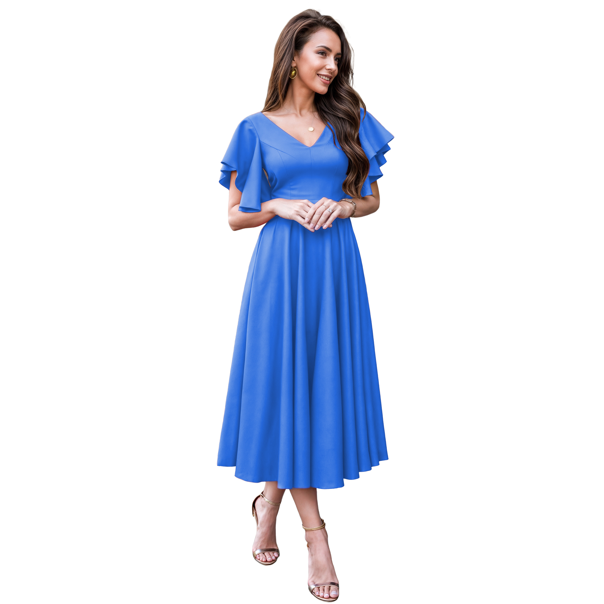 Vestido imperio casual elegante noche medio, dama mujer xally 2301 escote V manga mariposa.