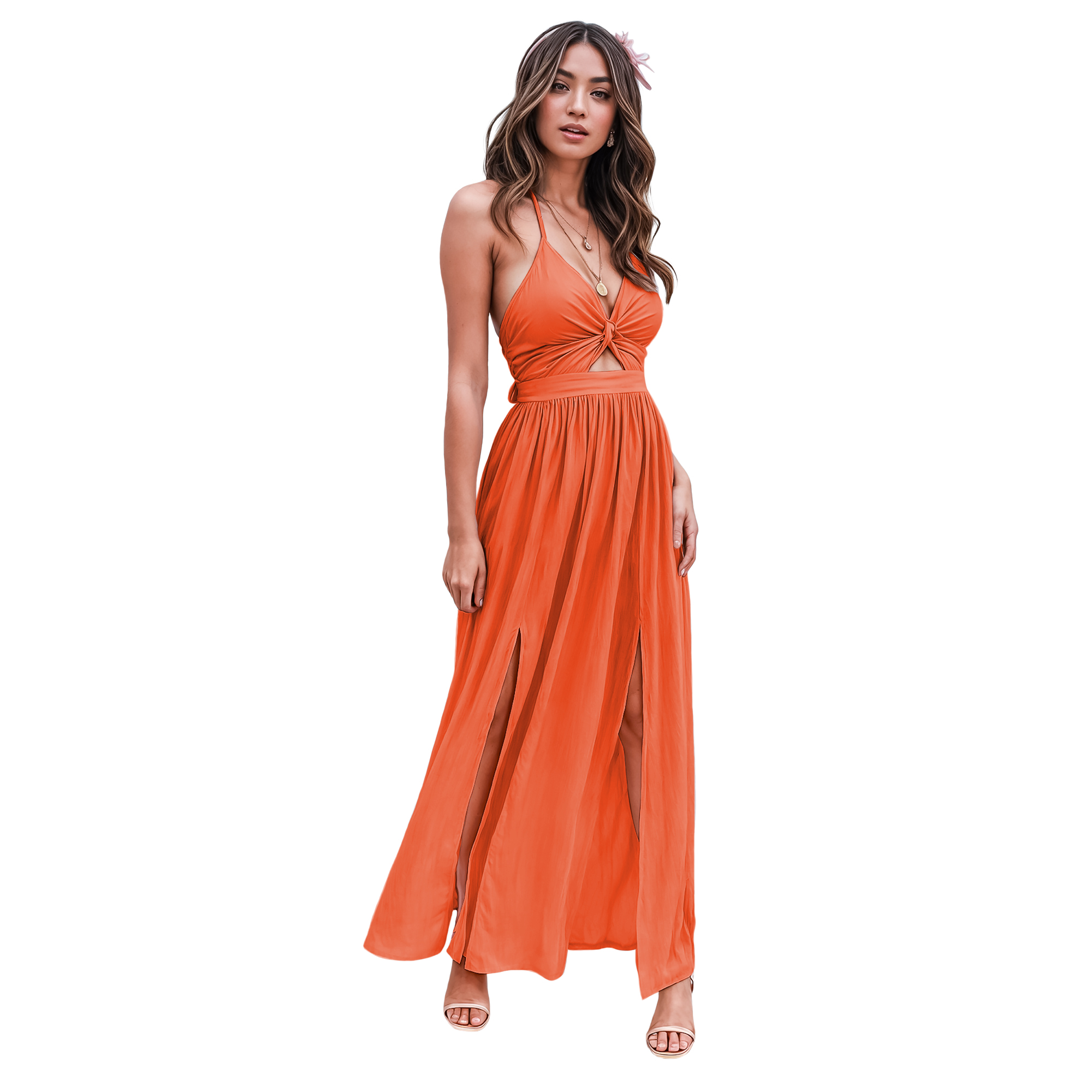Maxi vestido slip casual elegante fresco ligero largo playa dama mujer Xally 10D tirante frente moño falda corta de fondo aberturas