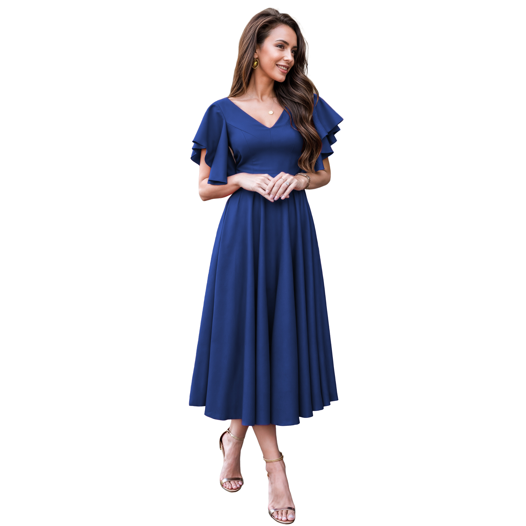 Vestido imperio casual elegante noche medio, dama mujer xally 2301 escote V manga mariposa.