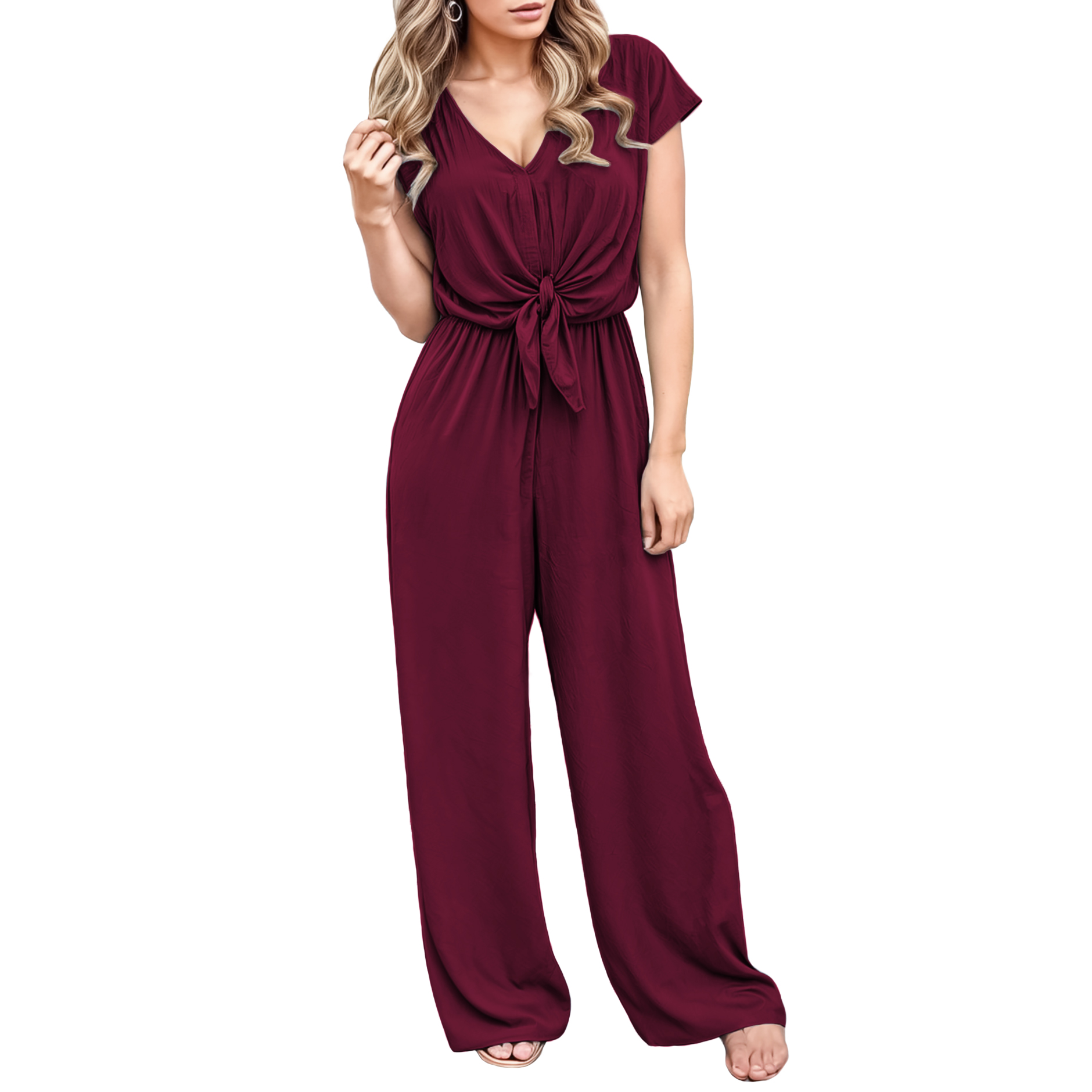 Jumper palazzo enterizo mono jumpsuit casual elegante largo dama mujer xally 6D cruce cuello V moño manga corta