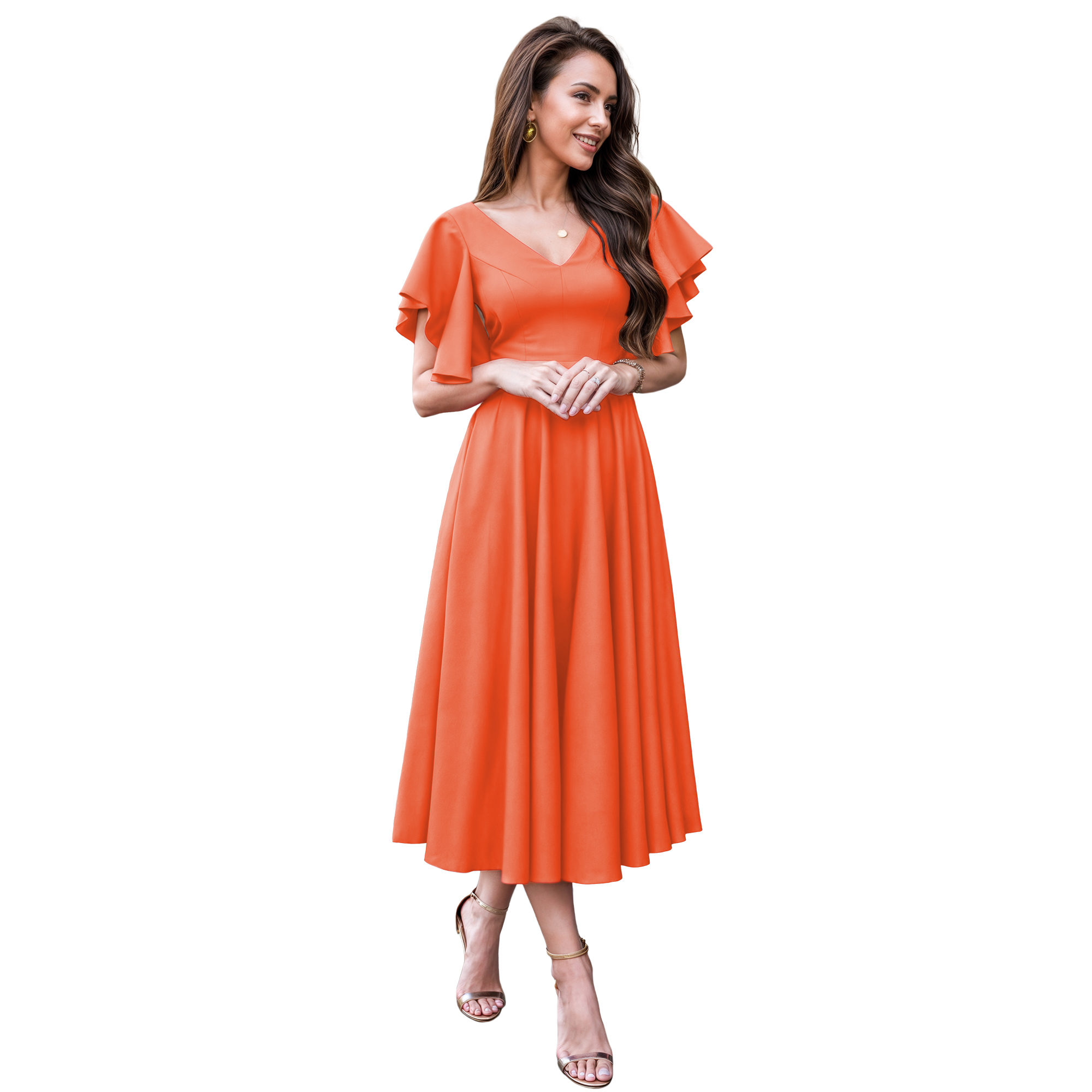 Vestido imperio casual elegante noche medio, dama mujer xally 2301 escote V manga mariposa.