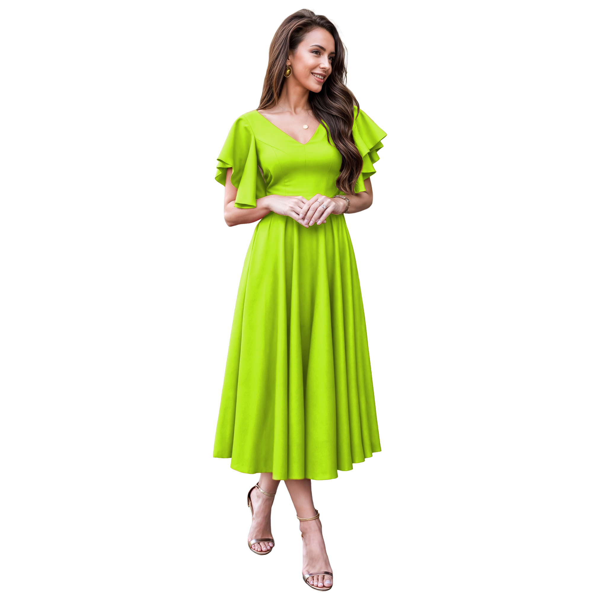 Vestido imperio casual elegante noche medio, dama mujer xally 2301 escote V manga mariposa.