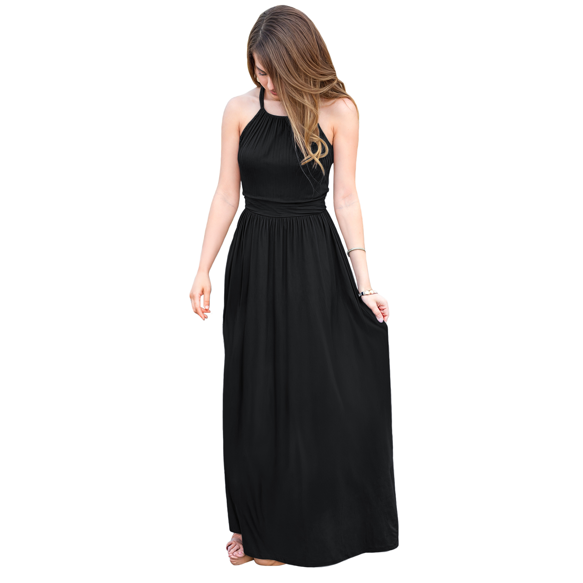 Maxi vestido halter casual elegante noche dama mujer xally 2307 escote redondo pretina.