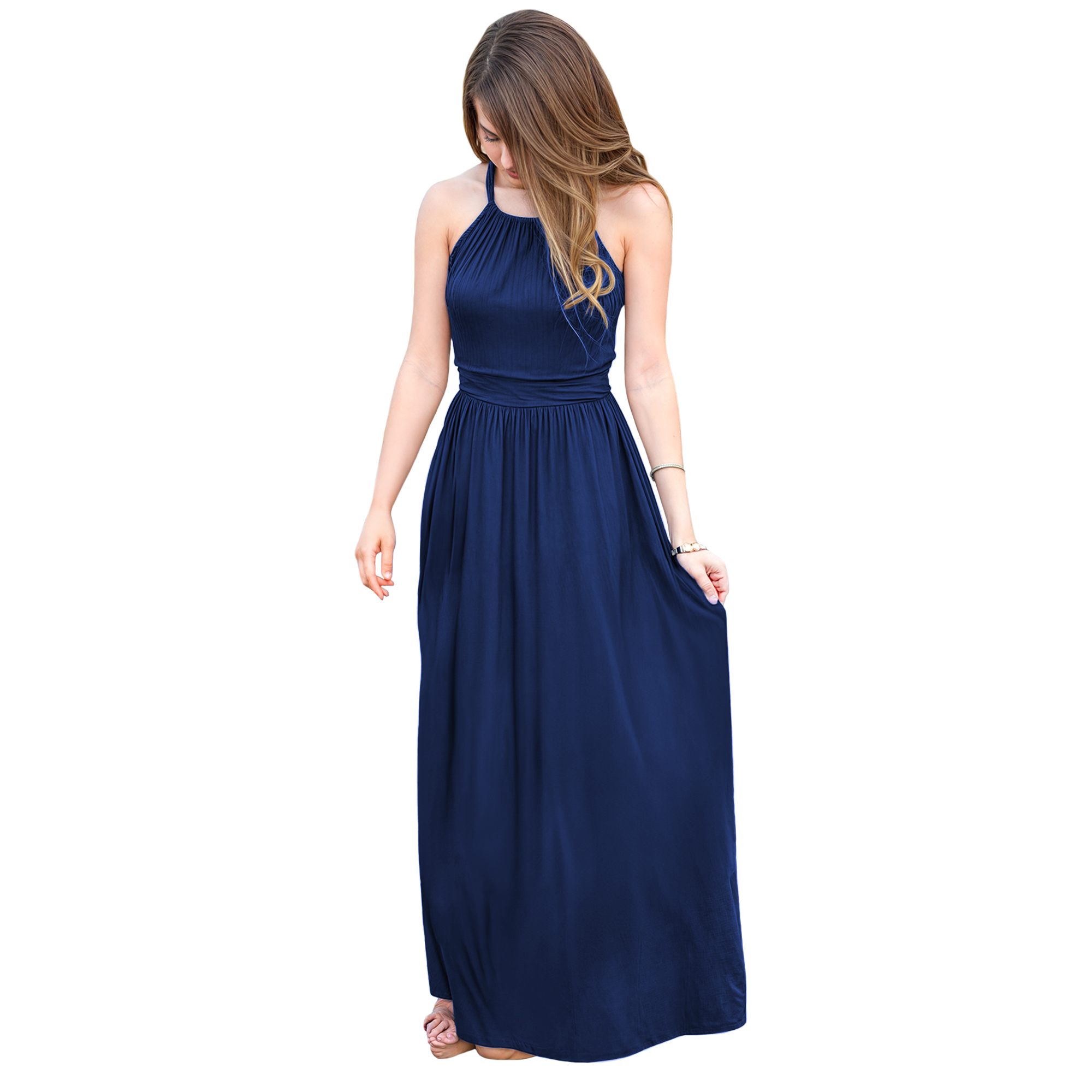 Maxi vestido halter casual elegante noche dama mujer xally 2307 escote redondo pretina.