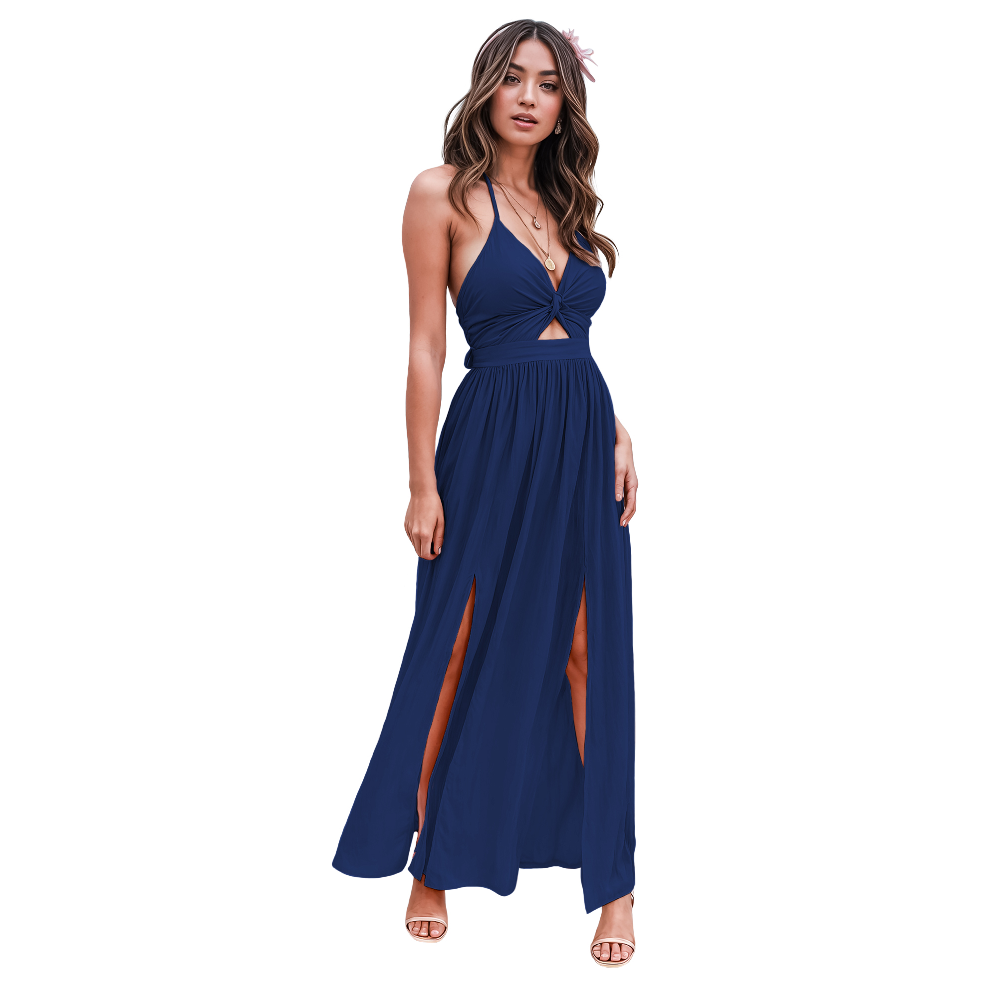 Maxi vestido slip casual elegante fresco ligero largo playa dama mujer Xally 10D tirante frente moño falda corta de fondo aberturas