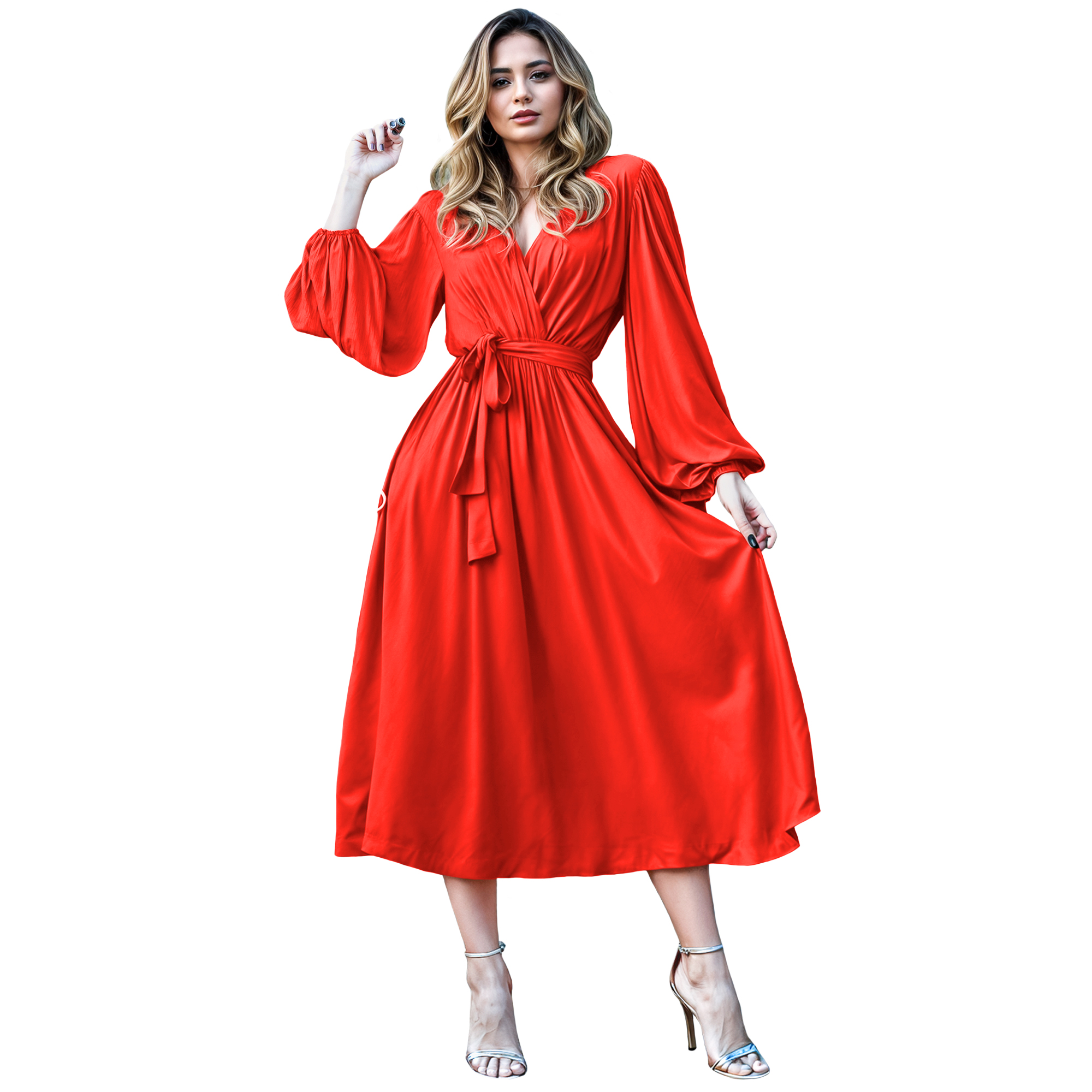 Vestido cruzado elegante casual de fiesta medio, dama mujer xally 24D escote v manga amplia larga cinturón