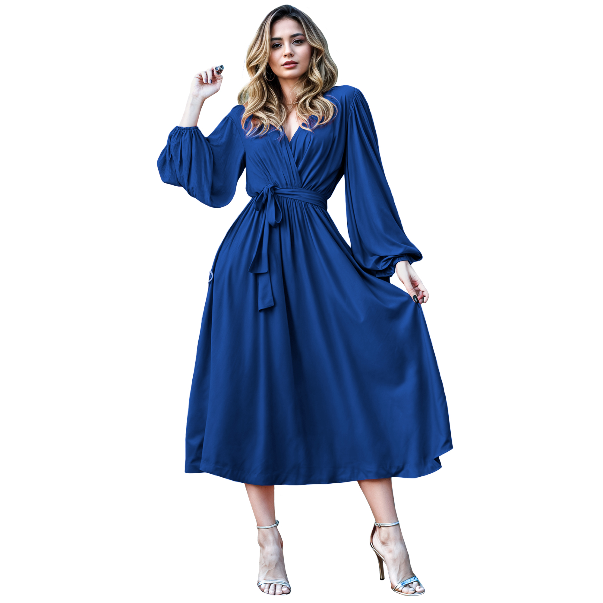 Vestido cruzado elegante casual de fiesta medio, dama mujer xally 24D escote v manga amplia larga cinturón