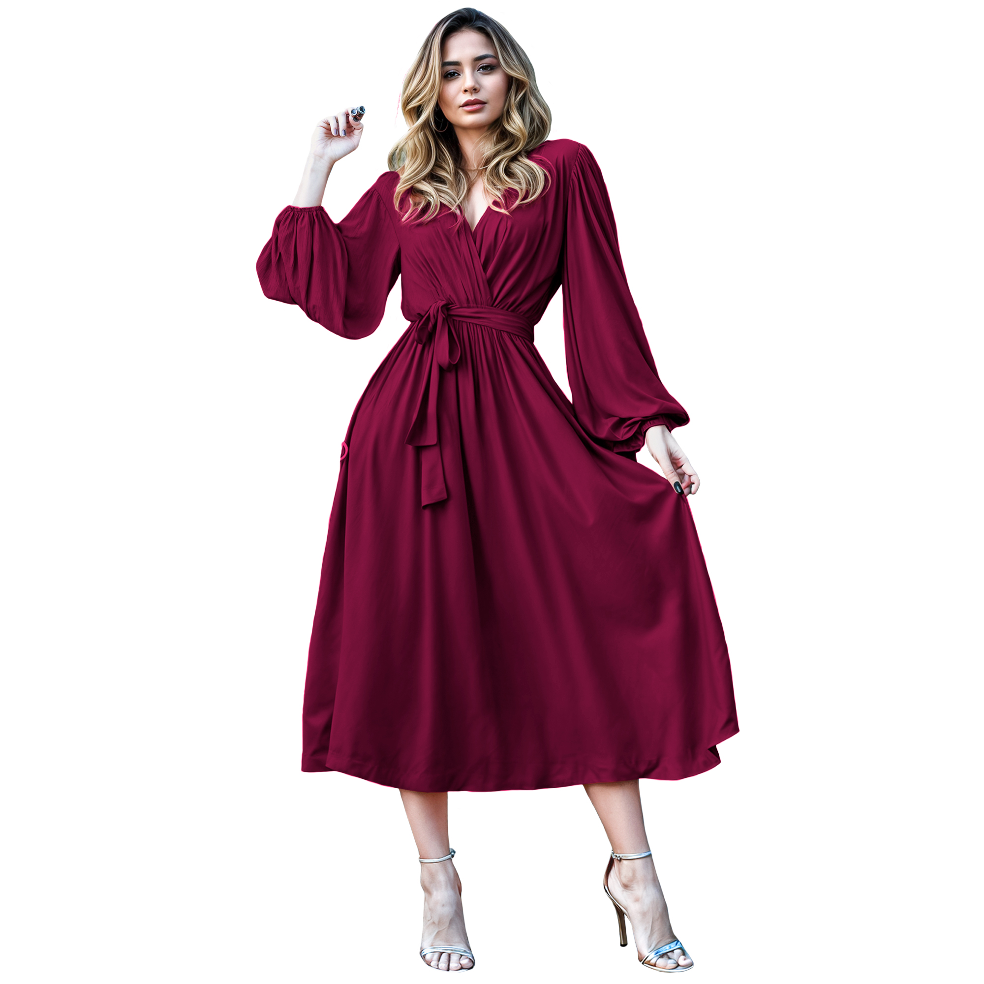 Vestido cruzado elegante casual de fiesta medio, dama mujer xally 24D escote v manga amplia larga cinturón