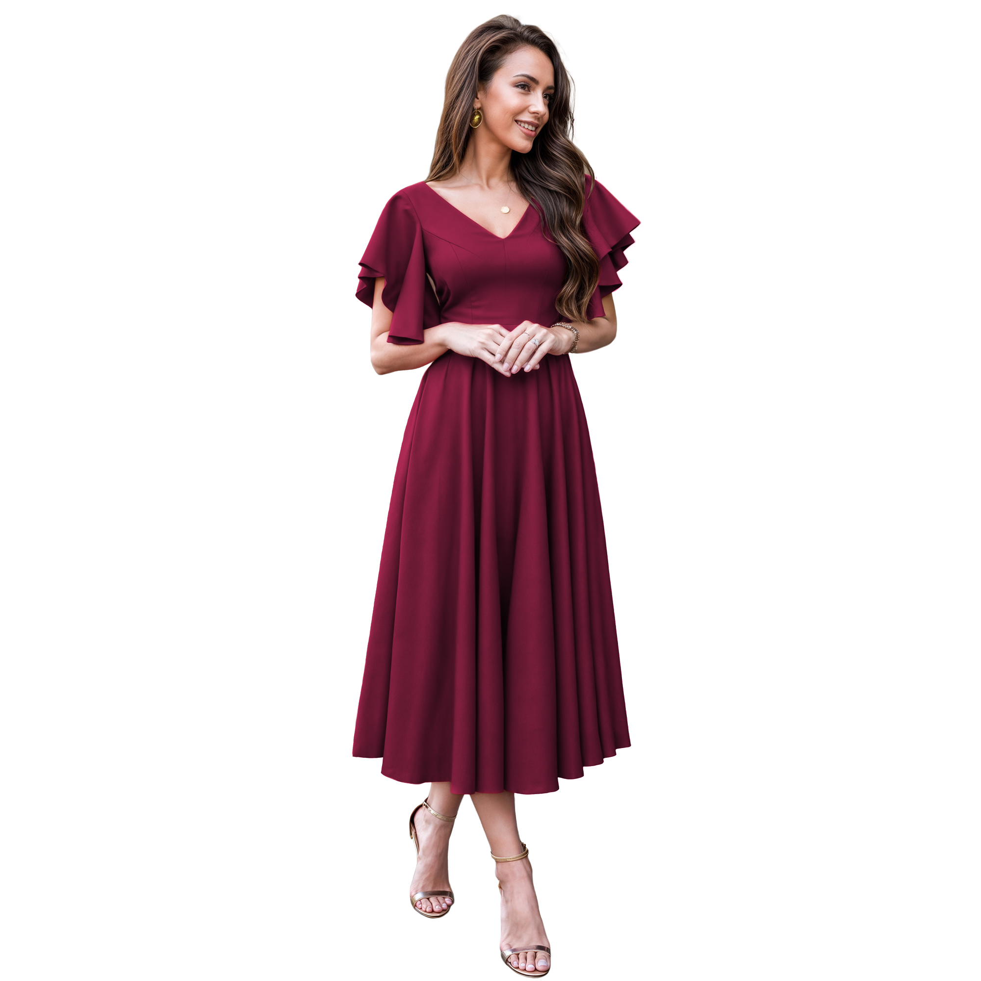 Vestido imperio casual elegante noche medio, dama mujer xally 2301 escote V manga mariposa.