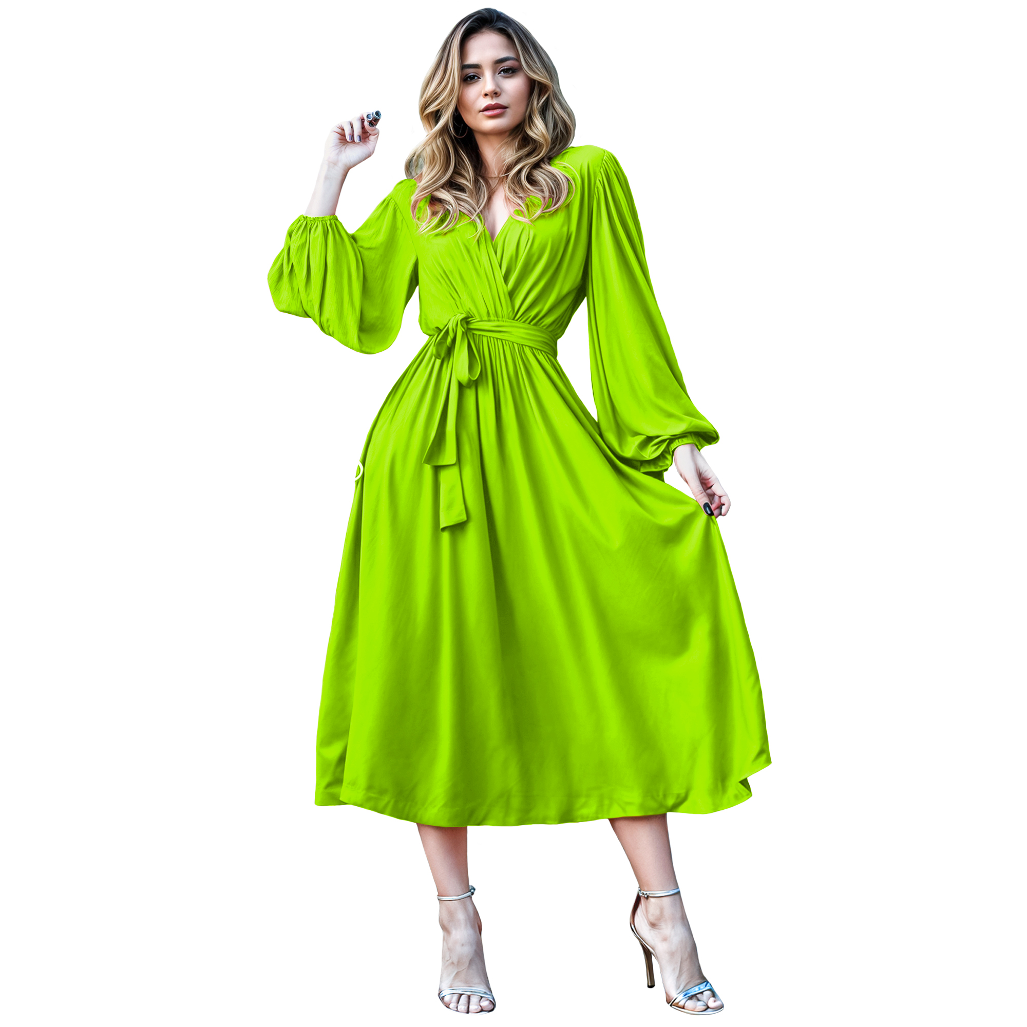 Vestido cruzado elegante casual de fiesta medio, dama mujer xally 24D escote v manga amplia larga cinturón