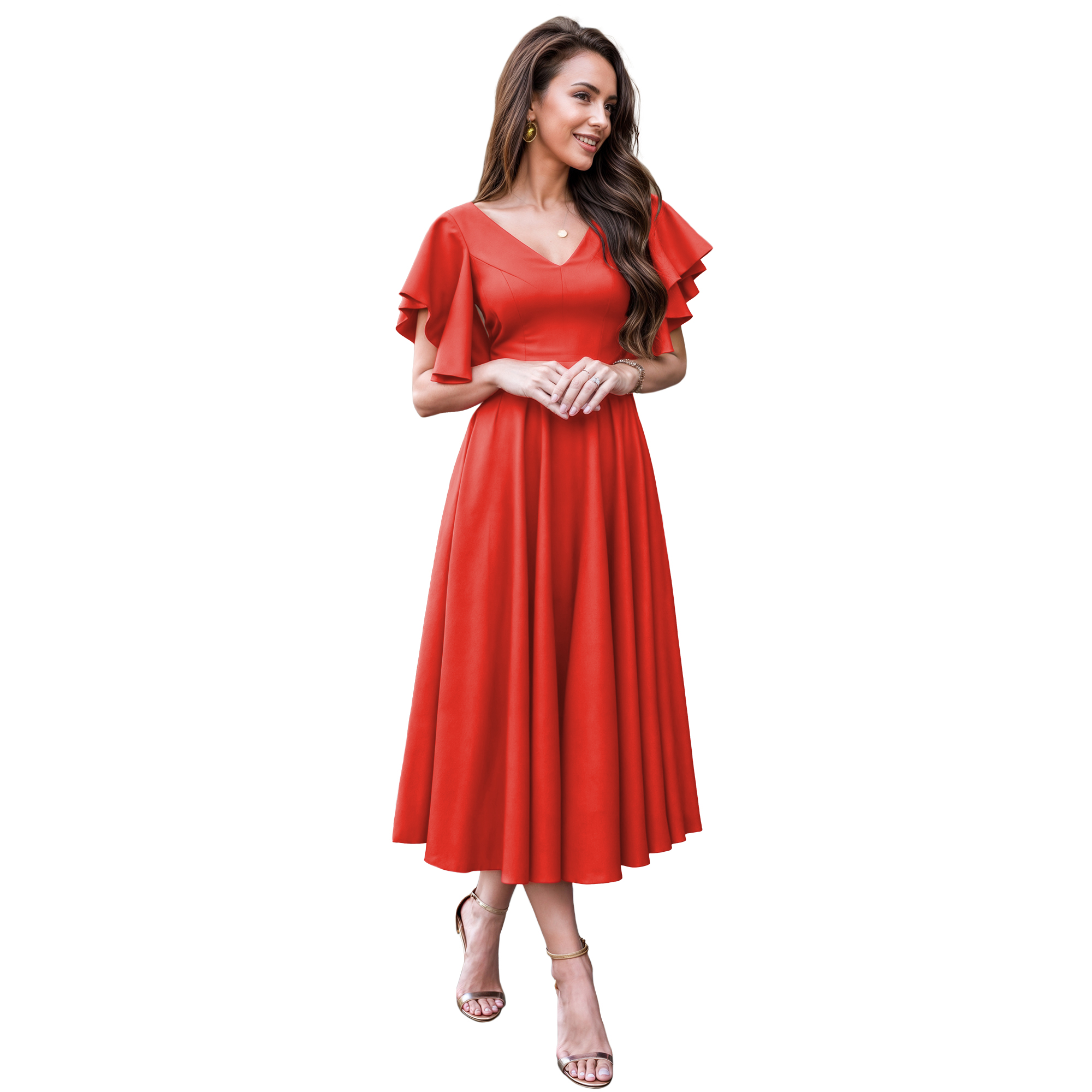 Vestido imperio casual elegante noche medio, dama mujer xally 2301 escote V manga mariposa.