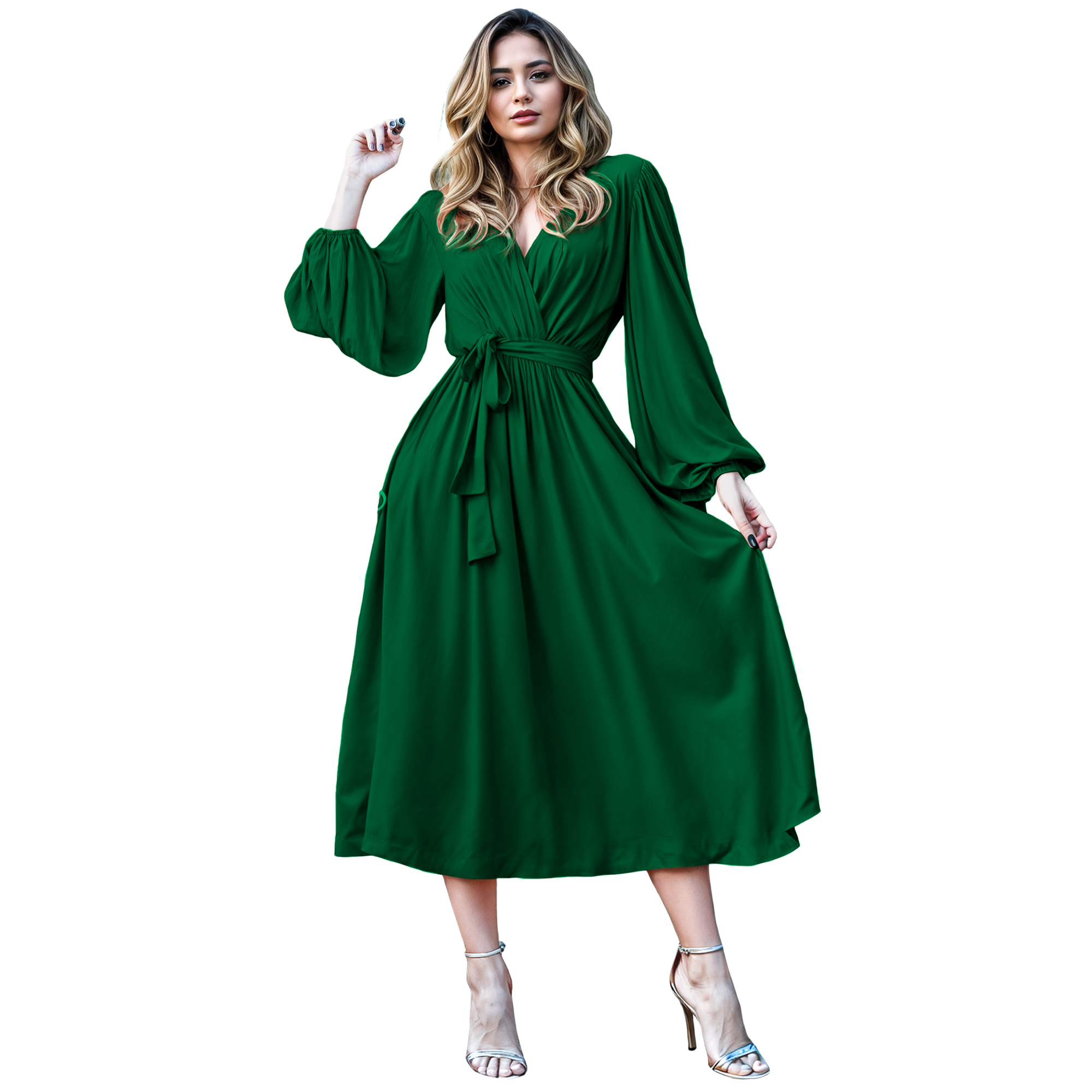 Vestido cruzado elegante casual de fiesta medio, dama mujer xally 24D escote v manga amplia larga cinturón