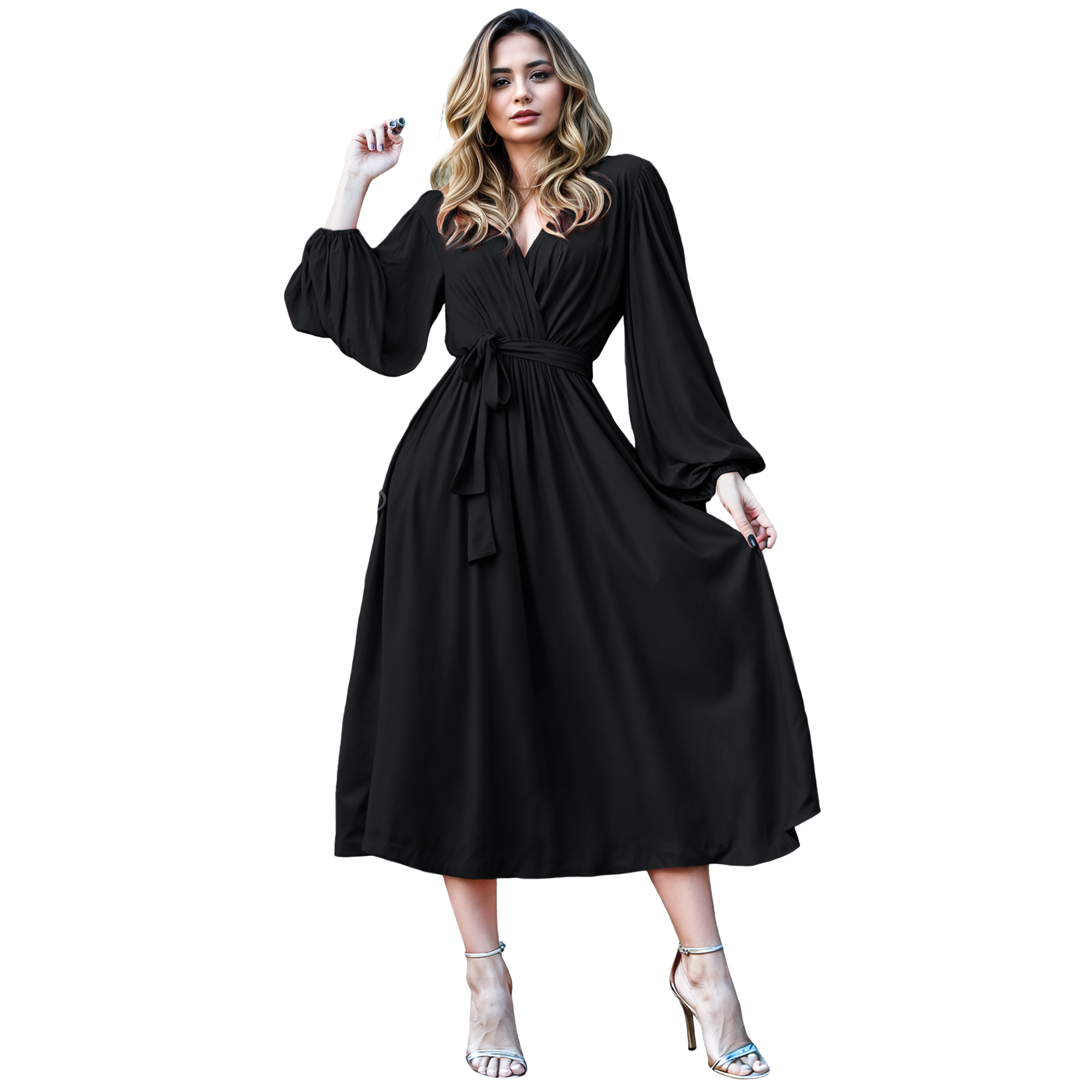 Vestido cruzado elegante casual de fiesta medio, dama mujer xally 24D escote v manga amplia larga cinturón