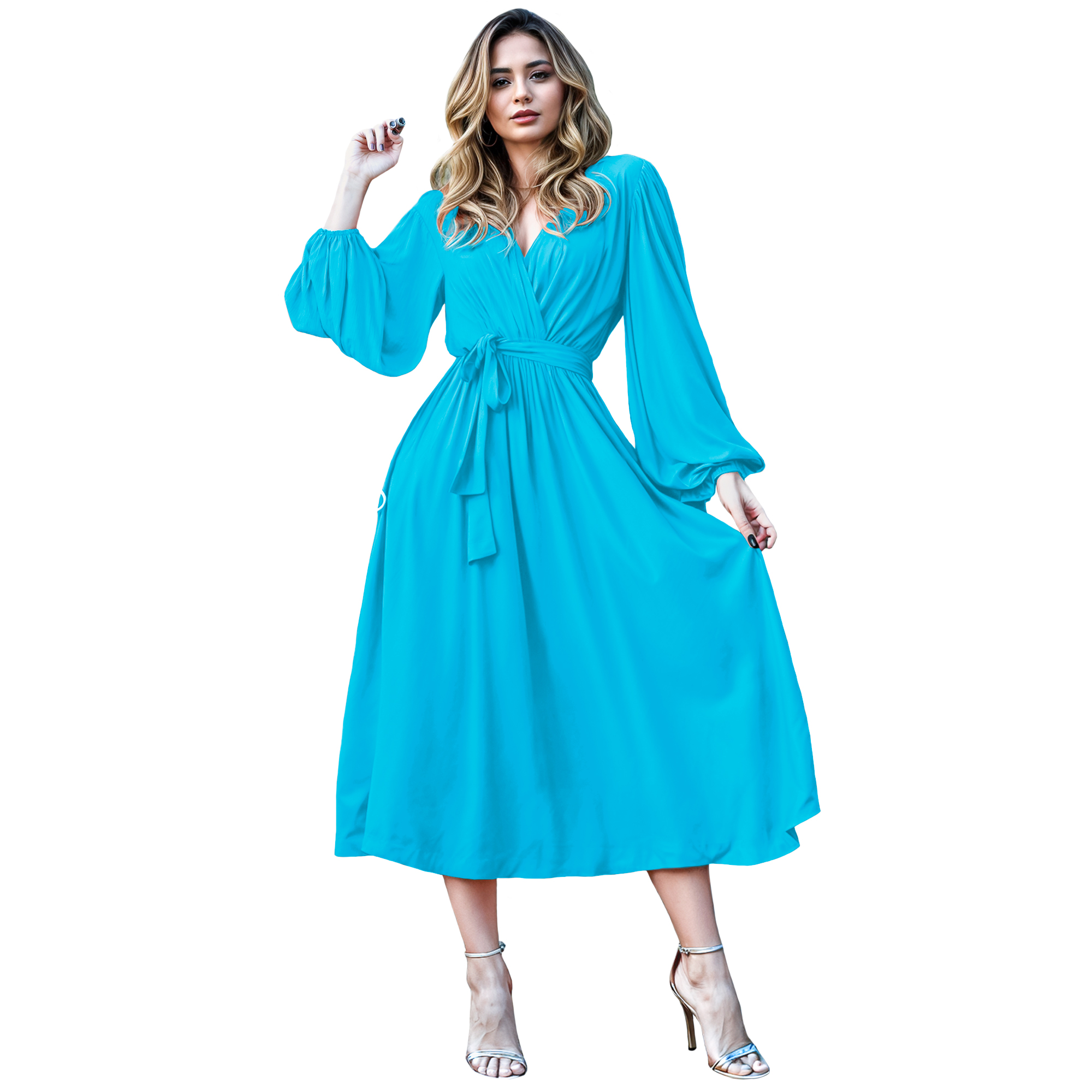 Vestido cruzado elegante casual de fiesta medio, dama mujer xally 24D escote v manga amplia larga cinturón