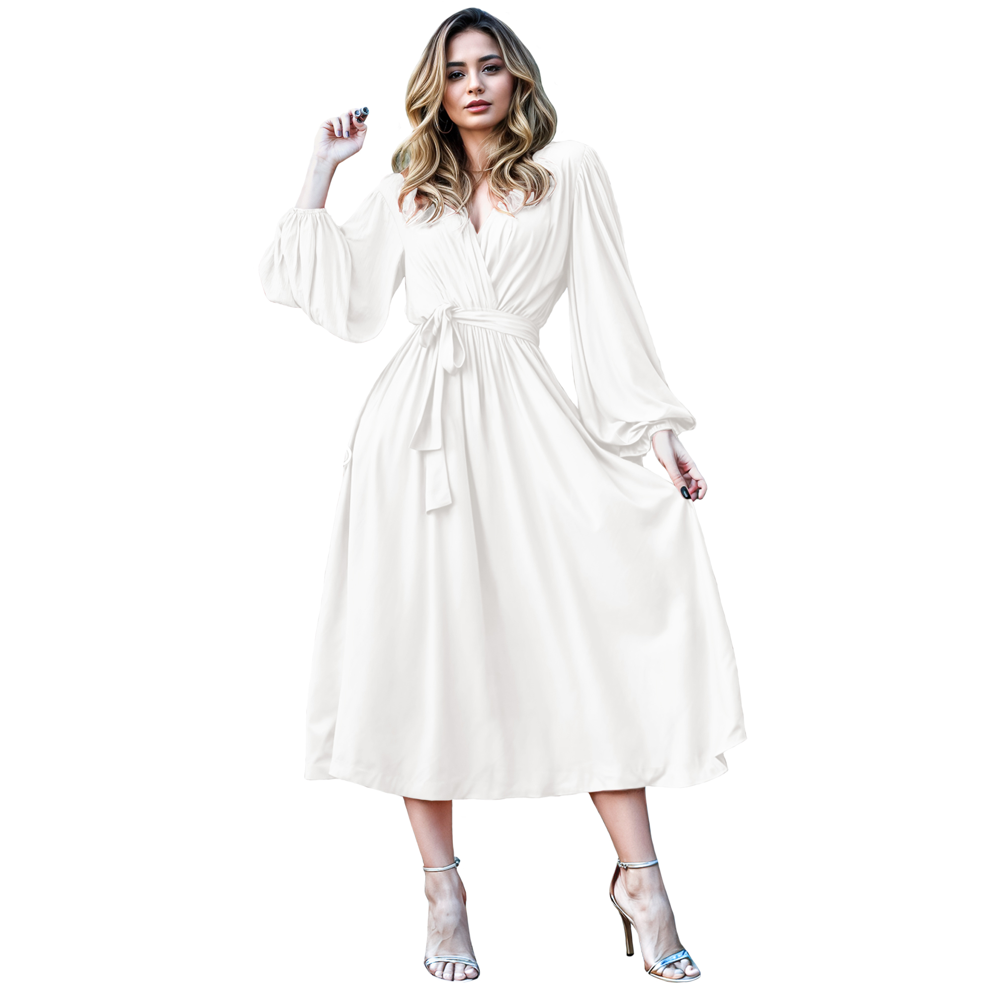 Vestido cruzado elegante casual de fiesta medio, dama mujer xally 24D escote v manga amplia larga cinturón