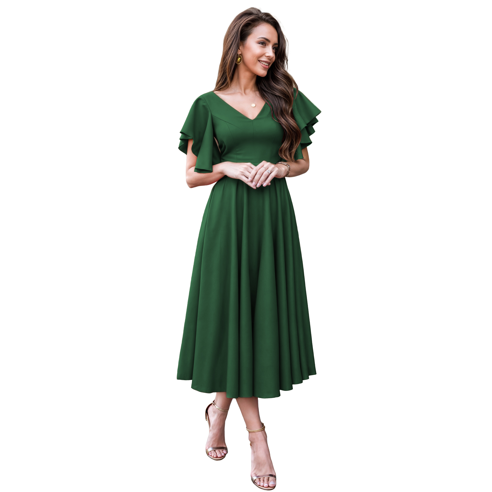 Vestido imperio casual elegante noche medio, dama mujer xally 2301 escote V manga mariposa.