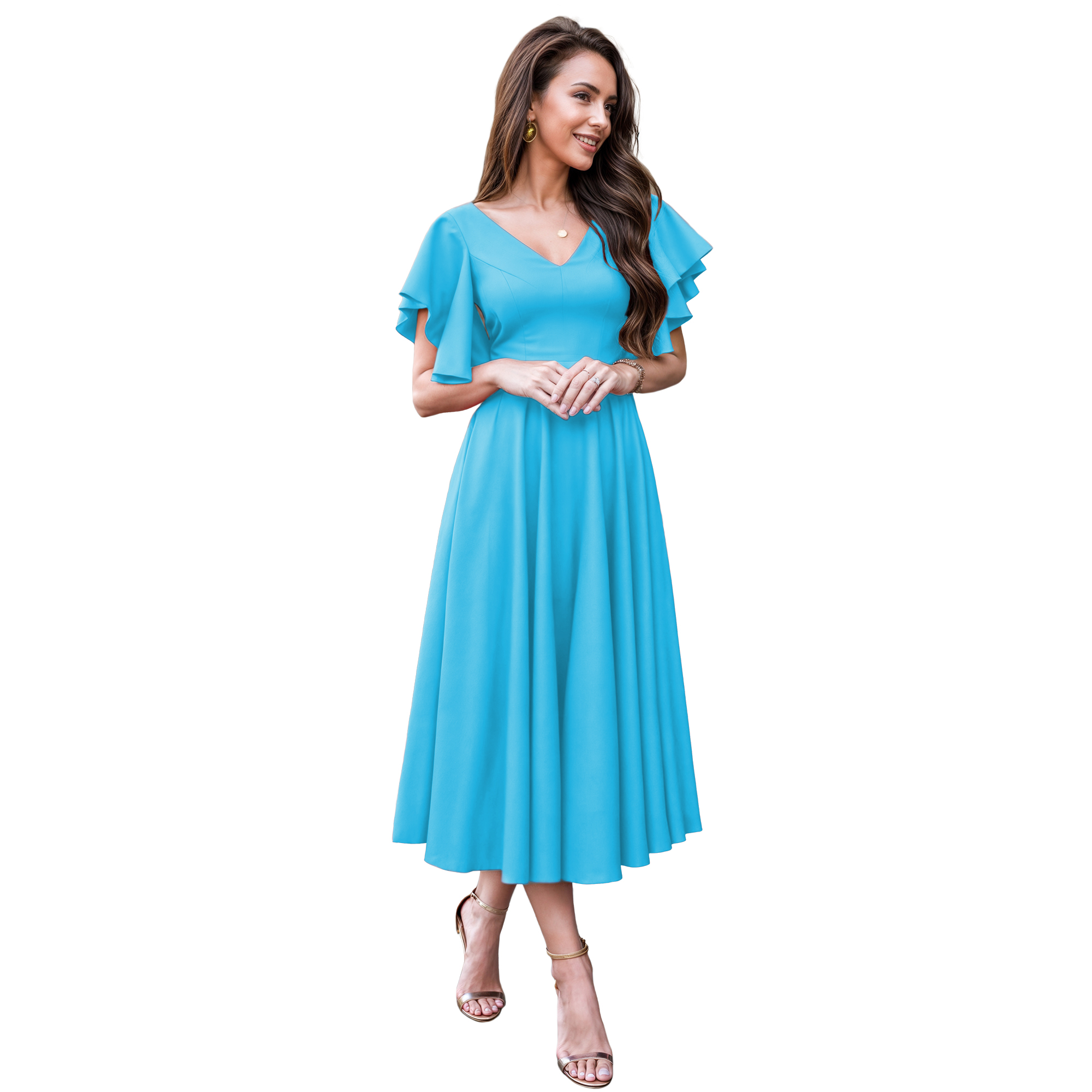 Vestido imperio casual elegante noche medio, dama mujer xally 2301 escote V manga mariposa.