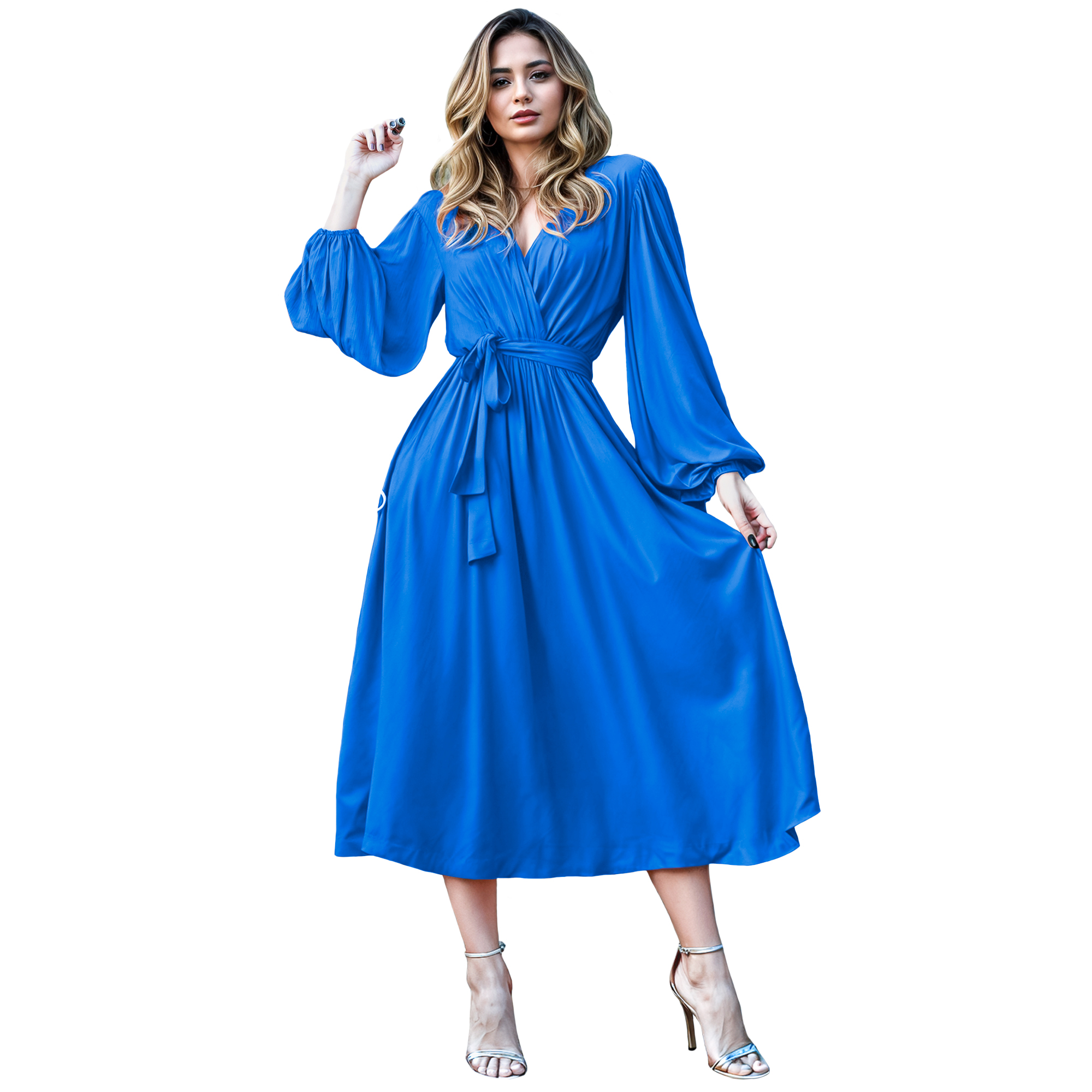 Vestido cruzado elegante casual de fiesta medio, dama mujer xally 24D escote v manga amplia larga cinturón