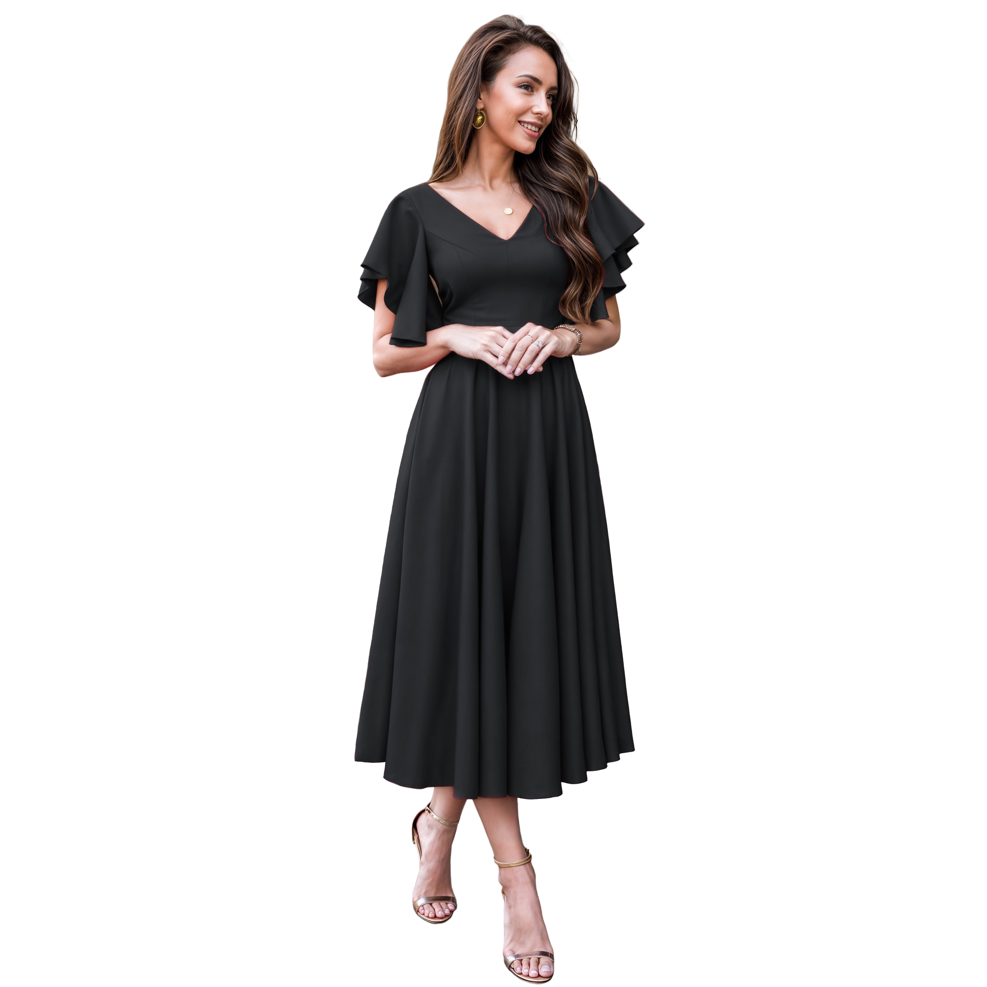 Vestido imperio casual elegante noche medio, dama mujer xally 2301 escote V manga mariposa.