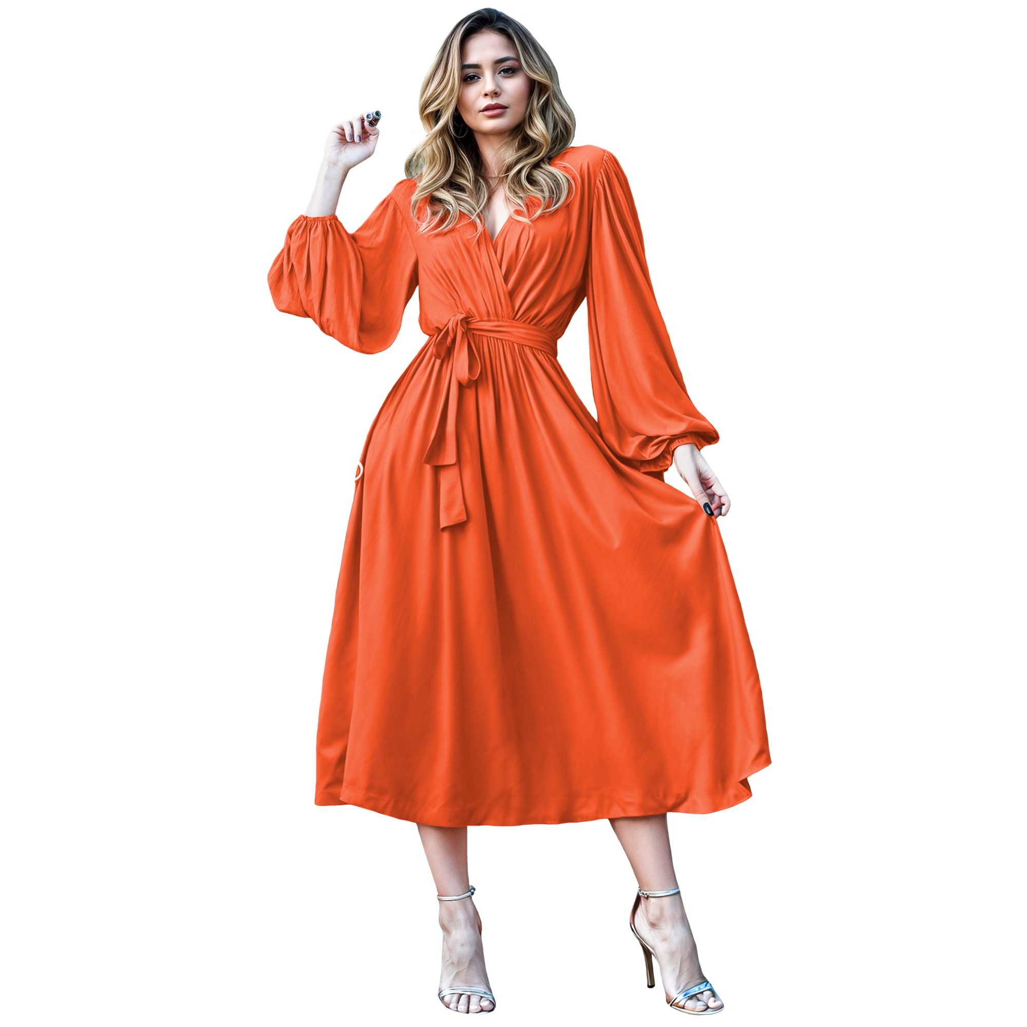 Vestido cruzado elegante casual de fiesta medio, dama mujer xally 24D escote v manga amplia larga cinturón