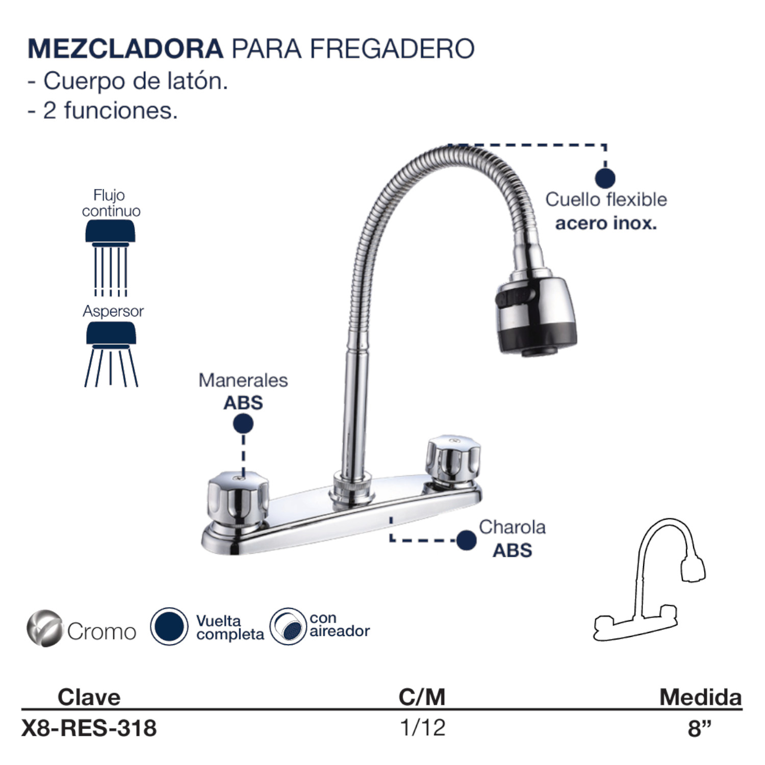 Llave Mezcladora Fregadero O Tarja Cocina Flexible Alfa Acero Inoxidable Cromada 2 Funciones