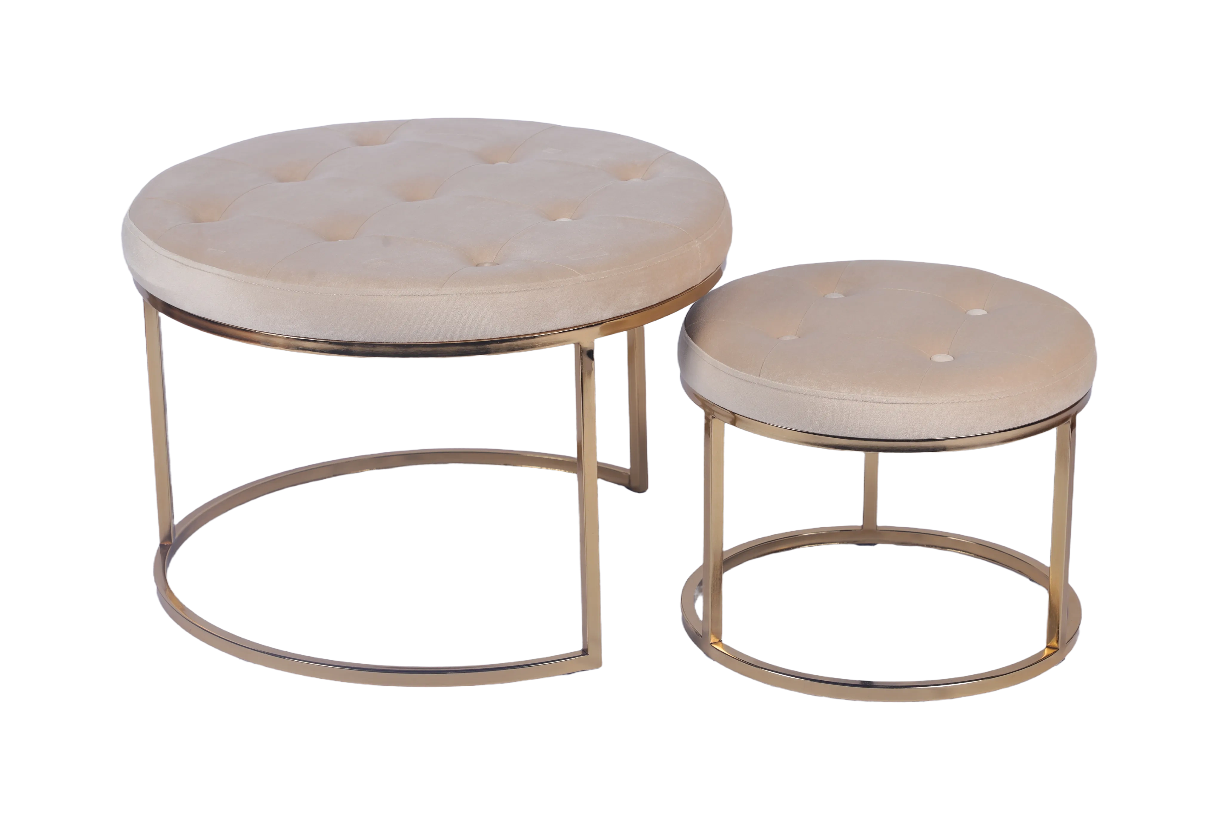 Set de Taburetes Redondos Tapizados en Terciopelo Beige con Base de Hierro y Patas de Metal Galvanizado