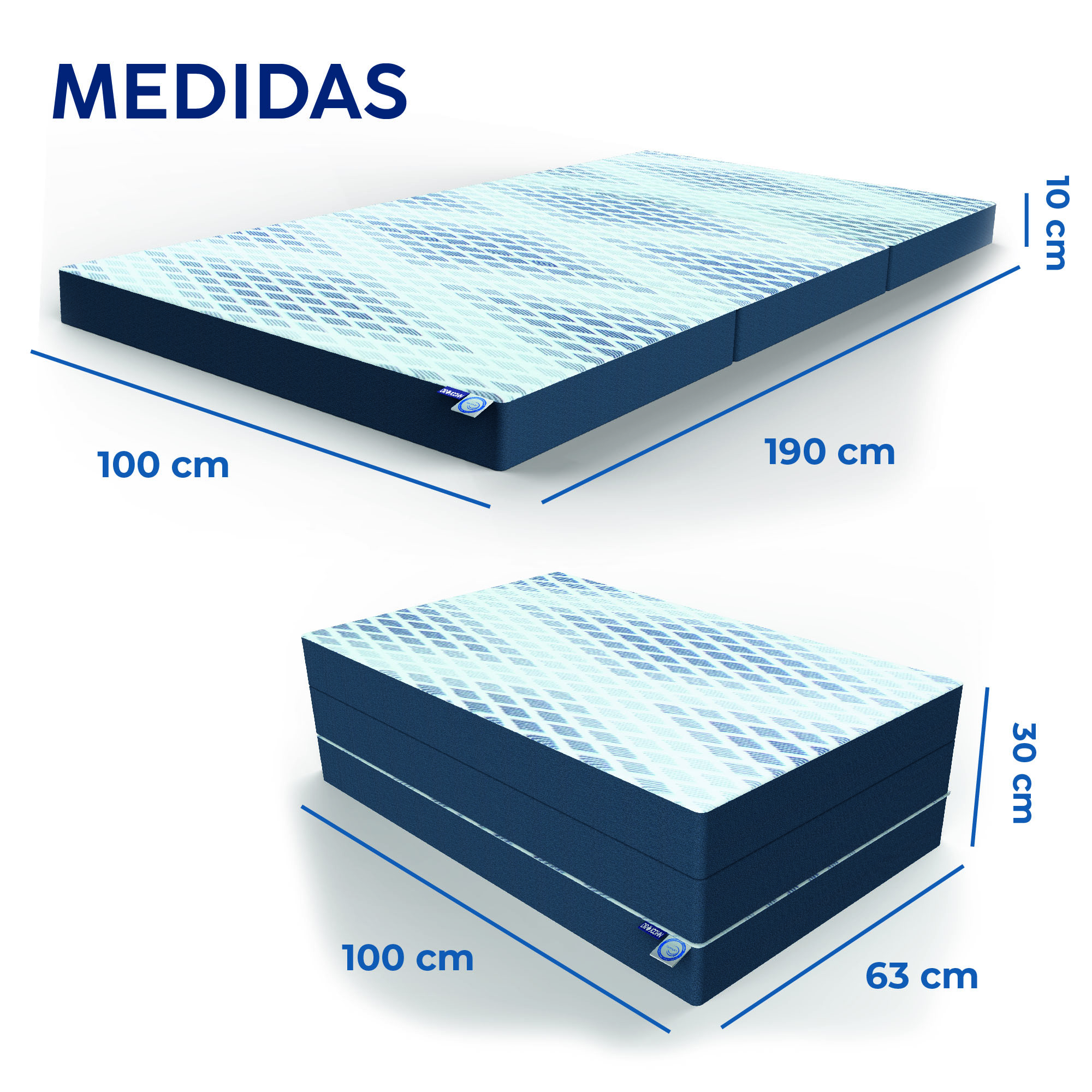 DR JOOHN Colchón seccionado en 3 | Individual | Diseño Plegable, portátil, Confortable y practico | Ideal para Cualquier Espacio | Funda de Algodón-Poliéster con Cierre extraíble. (190 x 100 x 10 cm).