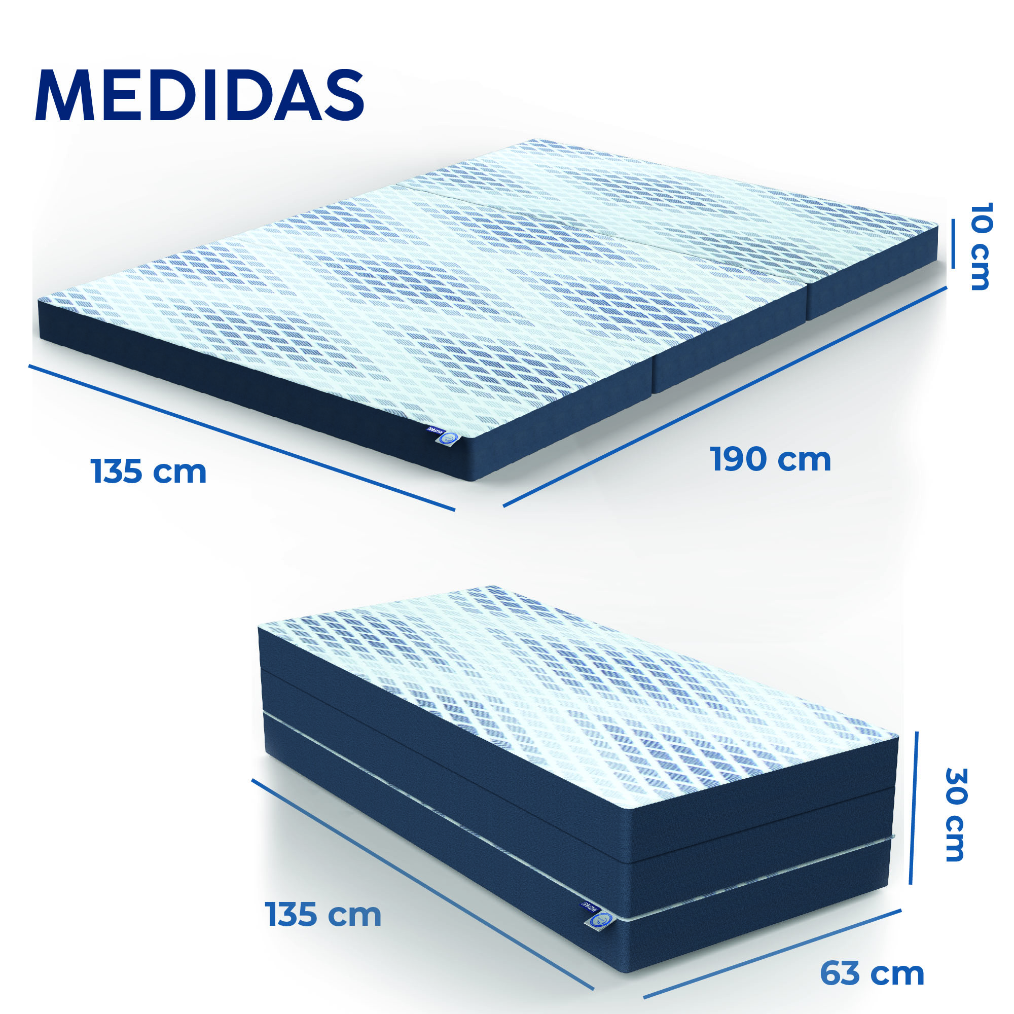 DR JOOHN Colchón seccionado en 3 | Matrimonial | Diseño Plegable, portátil, Confortable y practico | Ideal para Cualquier Espacio | Funda de Algodón-Poliéster con Cierre extraíble. (90 x 135 x 10 cm).