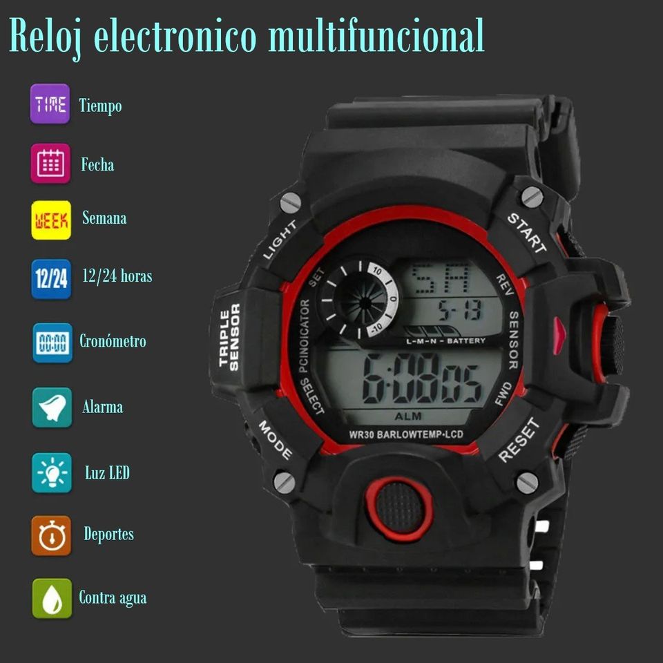 Reloj Digital LED rojo deporte electrónico multifunción táctico negro sumergible agua pulsera