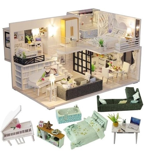  Casita De Muñeca Madera Miniatura Con Muebles Música Led cafe 