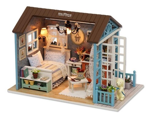 Casita Para Muñecas Casa Diy Con Muebles Led Miniatura Perro azul