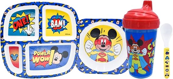 FUNKIDS 1725-160 Vajilla Individual de Melamina para Bebés - Diseño Mickey Mouse, Colección Disney, Set de Comida Infantil de 4 Piezas