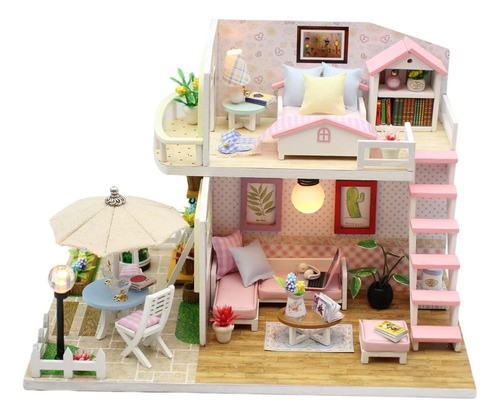 Mini Casita De Muñeca Casa De Madera Para Armar Y Accesorios rosa