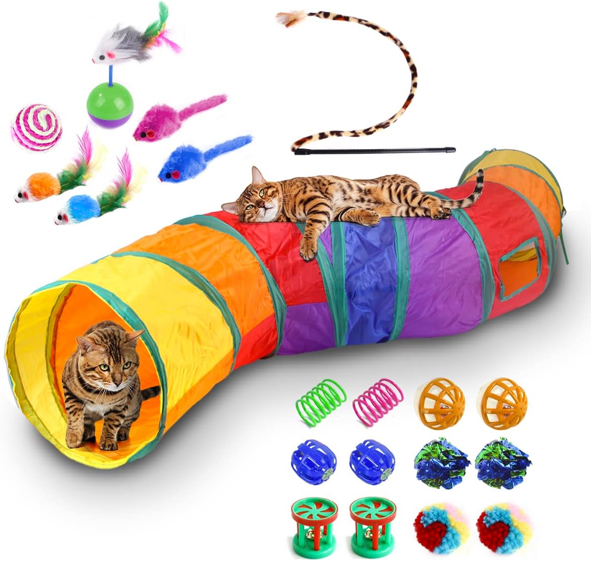 Kit de 20 Juguetes para Gato, Incluye Túnel de 120cm, Palo Guía, Pelotas, Ratones y Mas