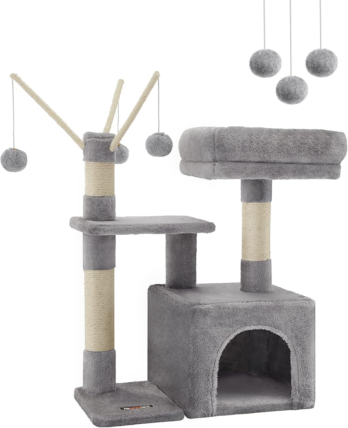 Árbol para Gatos, Torre Pequeño de Gatos con Plataforma Acolchada, Cueva para Gatos, 3 Pompones, Centro de Actividades para Gatos, Gris Claro