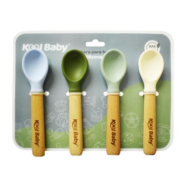 Set de 4 Cucharas de madera y Silicon Para Niño Kool Baby