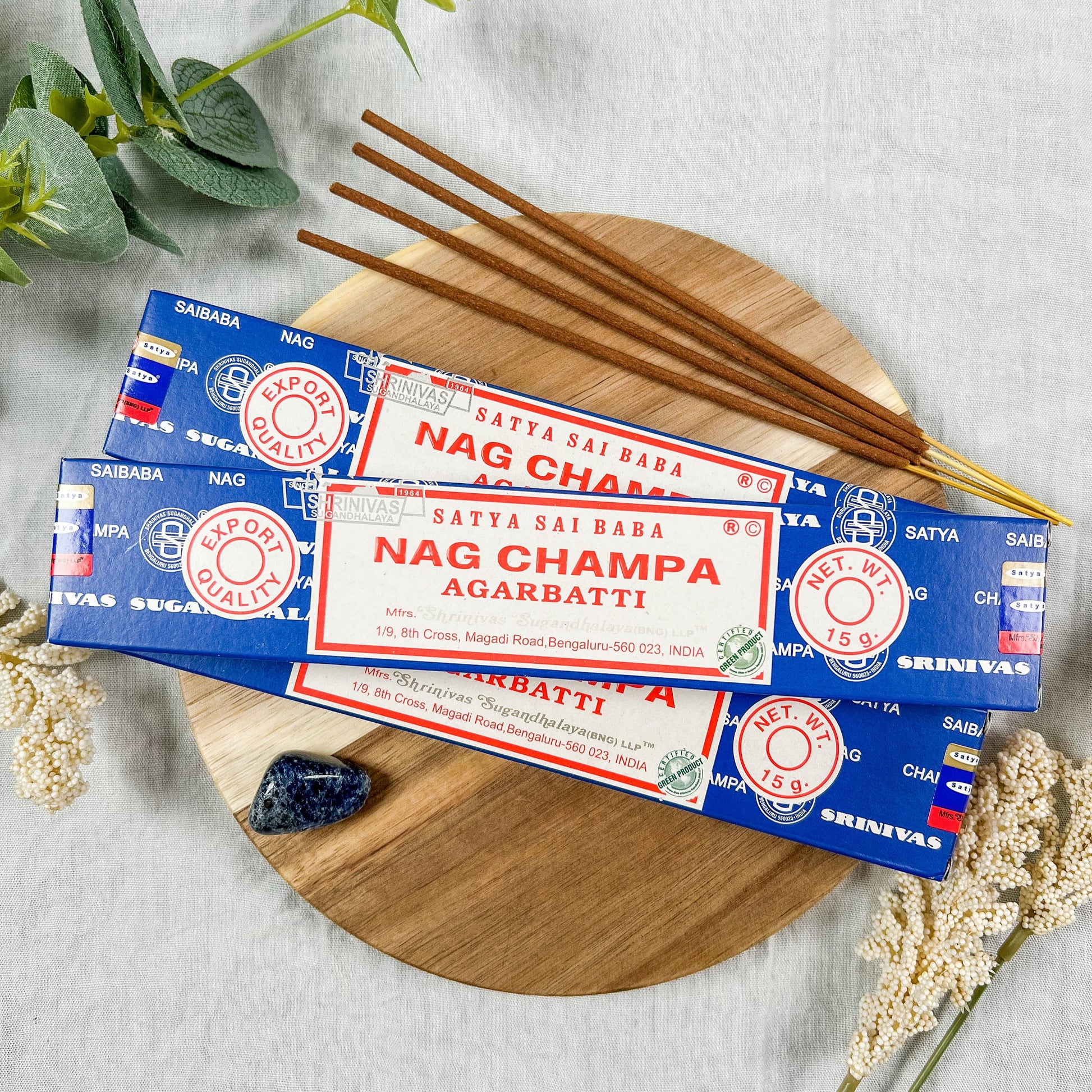  Incienso Satya Sai Baba Nag Champa de Shrinivas Sugandhalaya, 3 cajitas c/12 pzas c/u