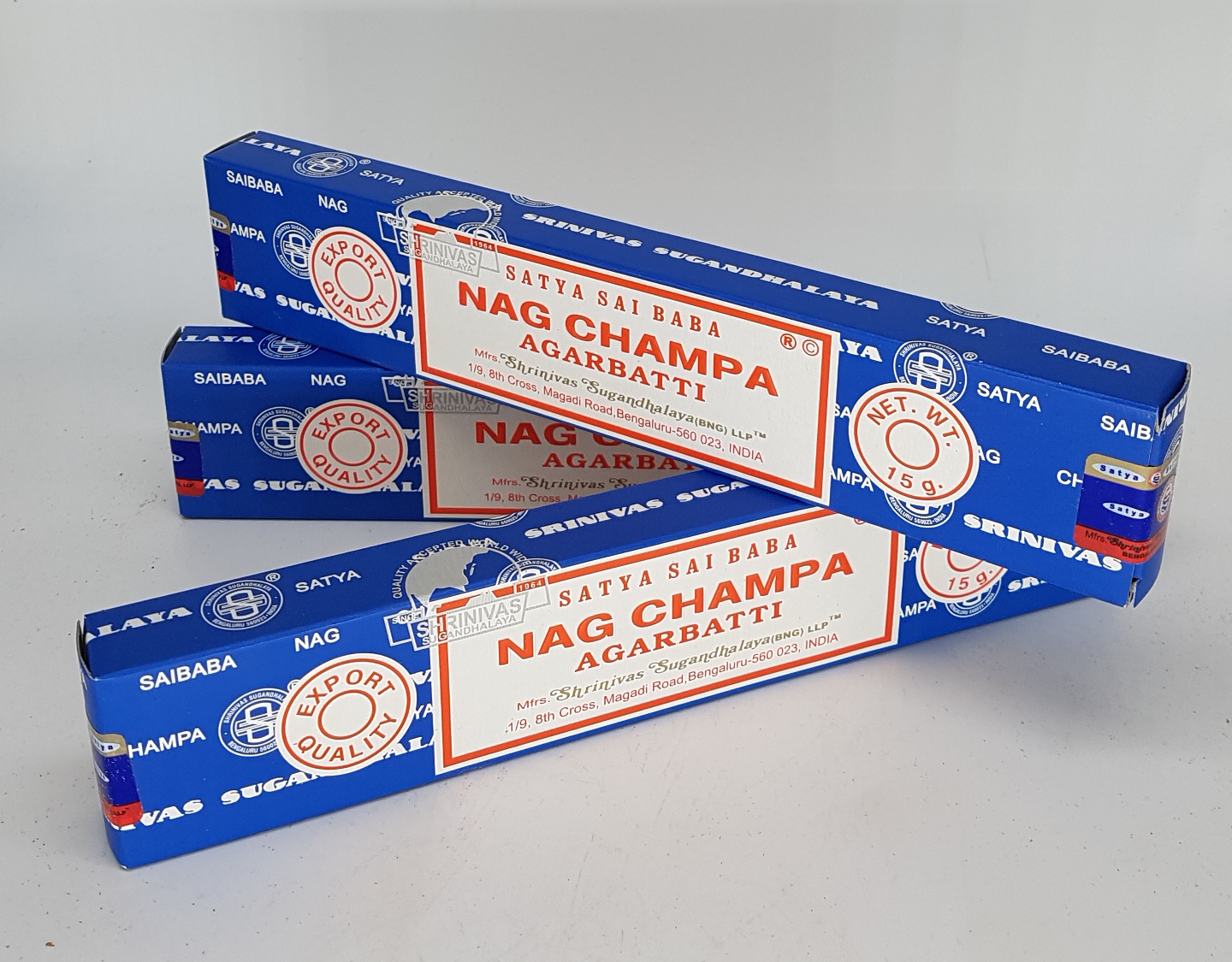  Incienso Satya Sai Baba Nag Champa de Shrinivas Sugandhalaya, 3 cajitas c/12 pzas c/u
