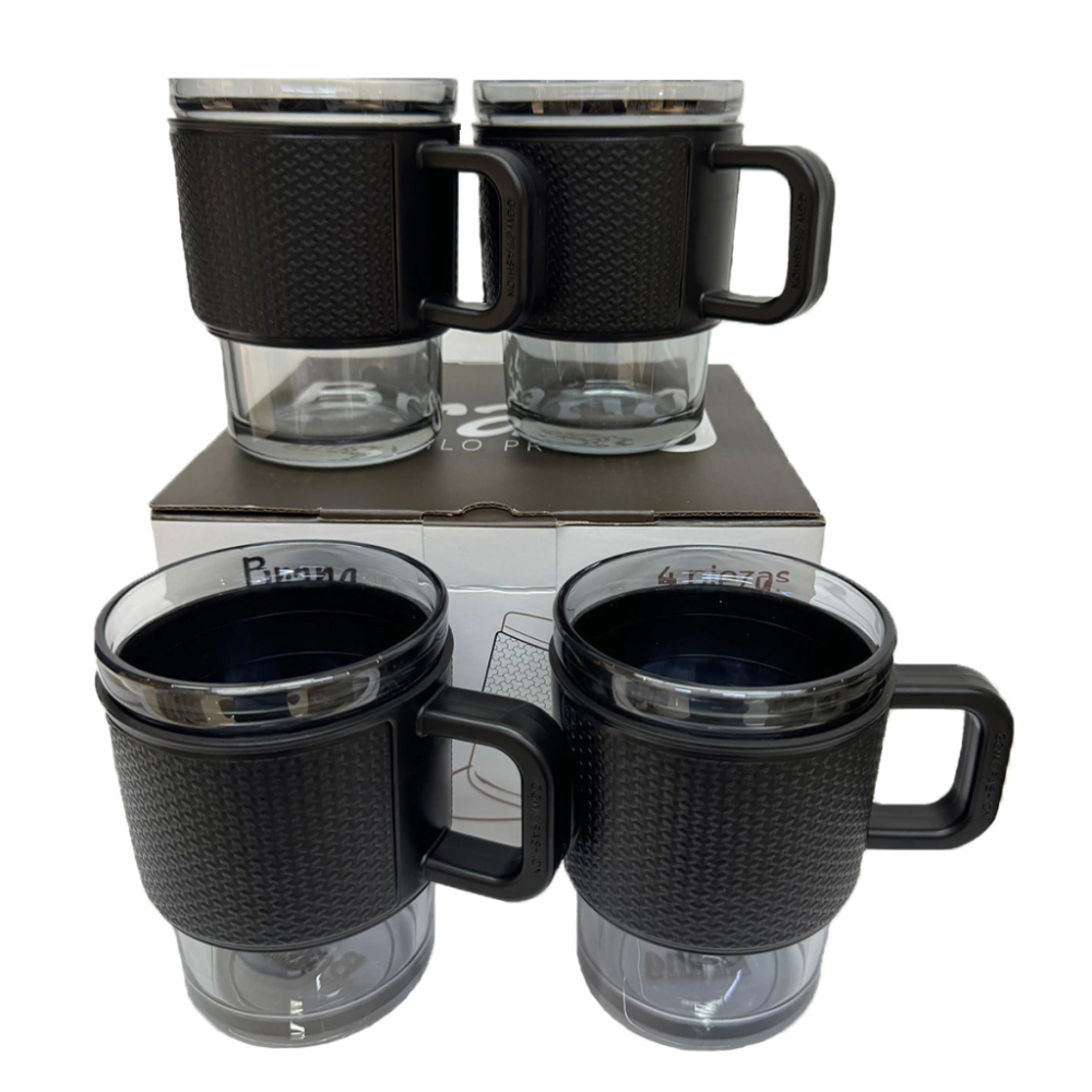 Set 4Tazas Vidrio 420ml Cubierta y Agarradera Plástico Brang