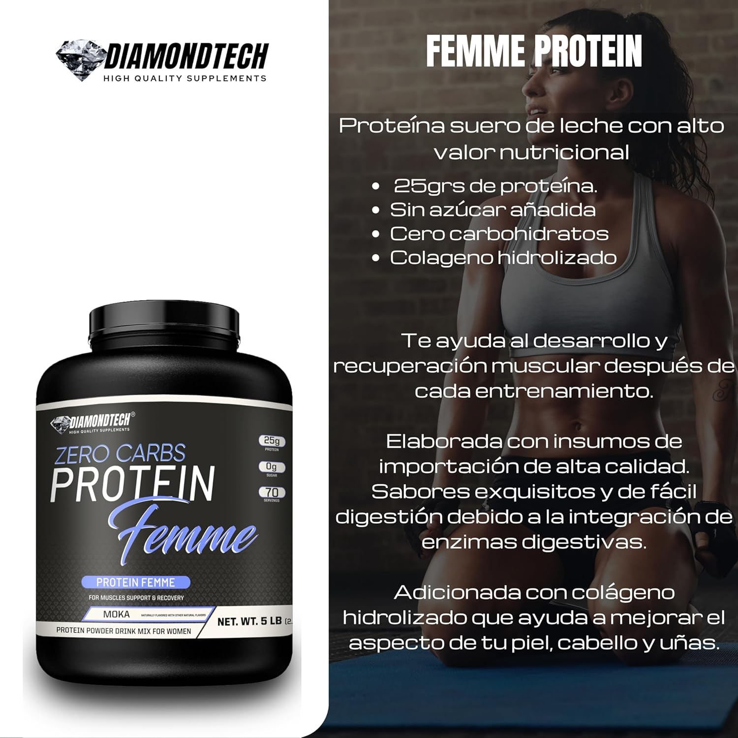 Proteína Femme mujer whey zero carbs 5lbs con Colágeno hidrolizado Diamondtech MOKA