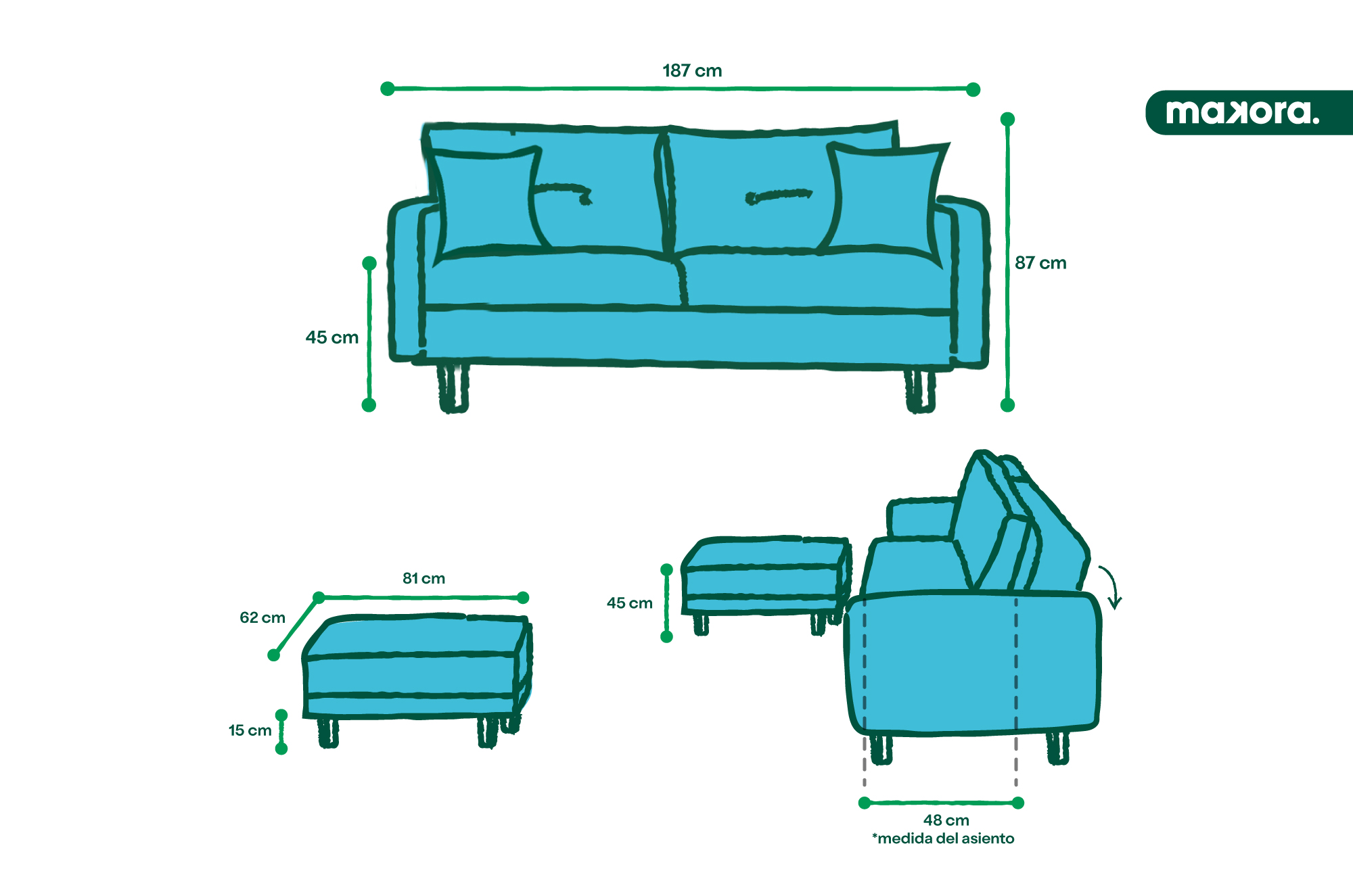 Sala Modular Jerome Gris Claro Makora Essentials de lino Reversible
