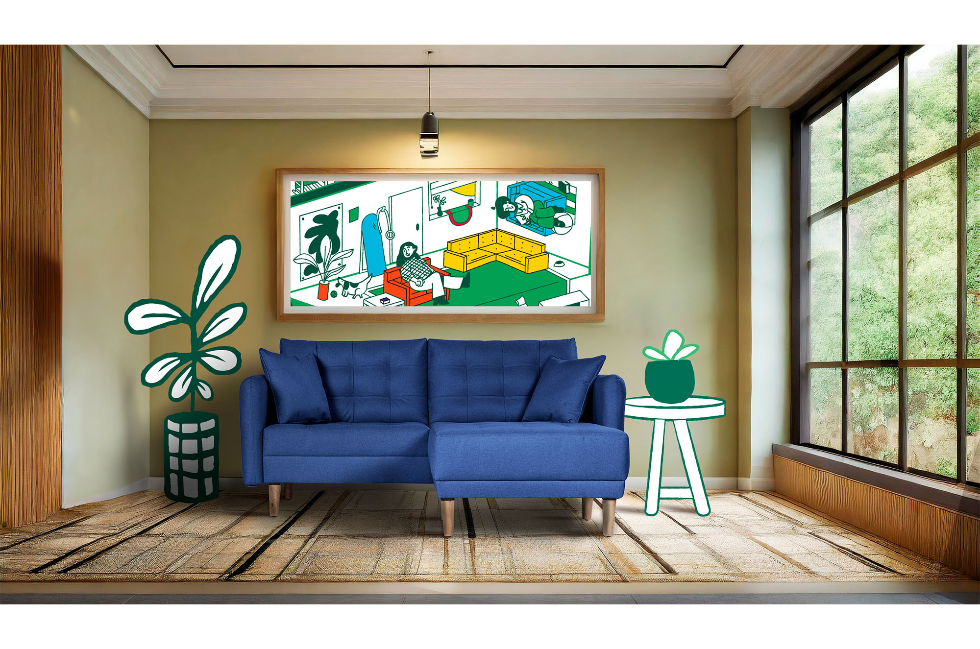 Sala Modular Cinnamon Azul Makora Essentials de lino reversible