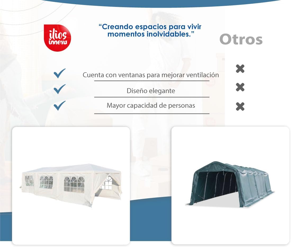 Ilios Innova Toldo plegable para exteriores 3x9 m Toldo con estructura Techo Lona Impermeable Laterales Puertas y Ventanas Fácil de Montar con Materiales resistentes y de A. Recomendado para Eventos al aire libre. 