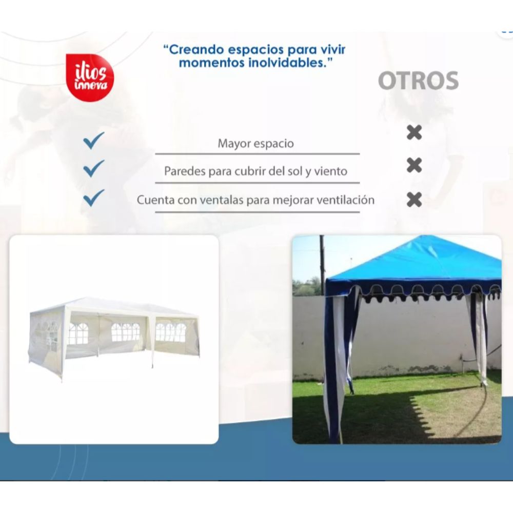 Ilios Innova Toldo plegable para exteriores 3x6 m Toldo con estructura Techo Lona Impermeable Laterales Puertas y Ventanas Fácil de Montar con Materiales resistentes