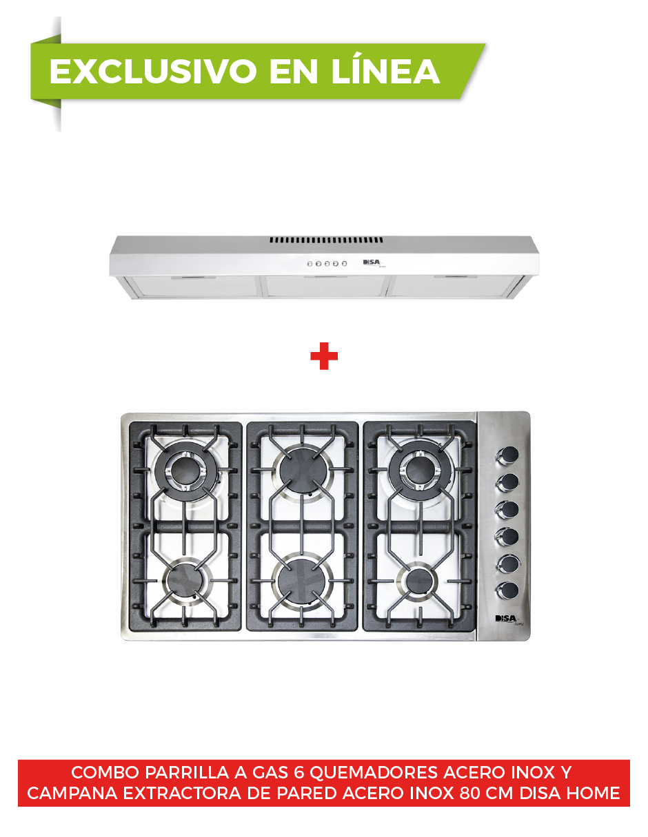 Combo DISA HOME Parrilla a Gas 6 Quemadores Acero Inox Y Campana Extractora de Pared Acero Inox 80 cm