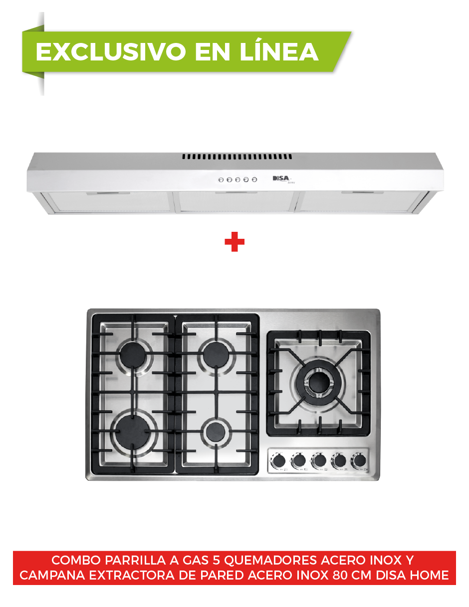 Combo Parrilla a Gas 5 Quemadores Acero Inox Y Campana Extractora de Pared Acero Inox 80 cm DISA Home